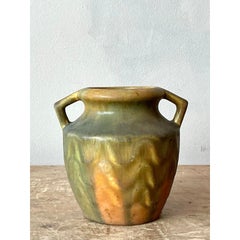 Vintage Boho Glazed Ceramic Two Handle Vase