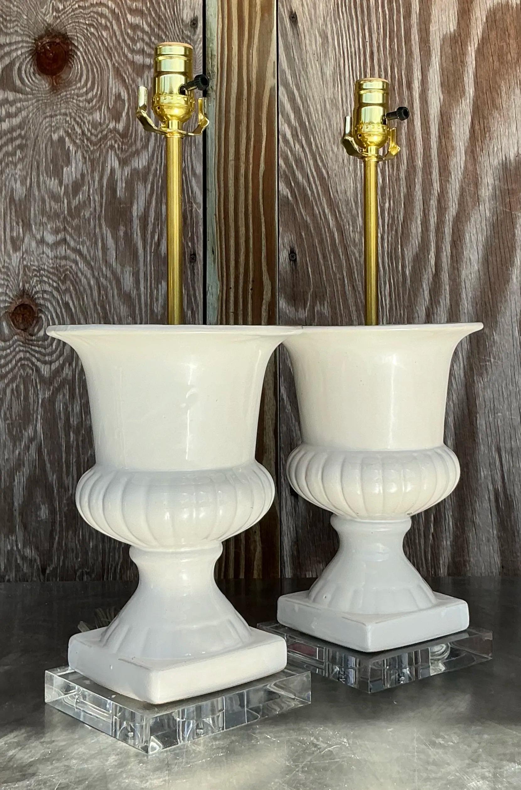 20ième siècle Paire de lampes Urnes Vintage en céramique émaillée Boho en vente