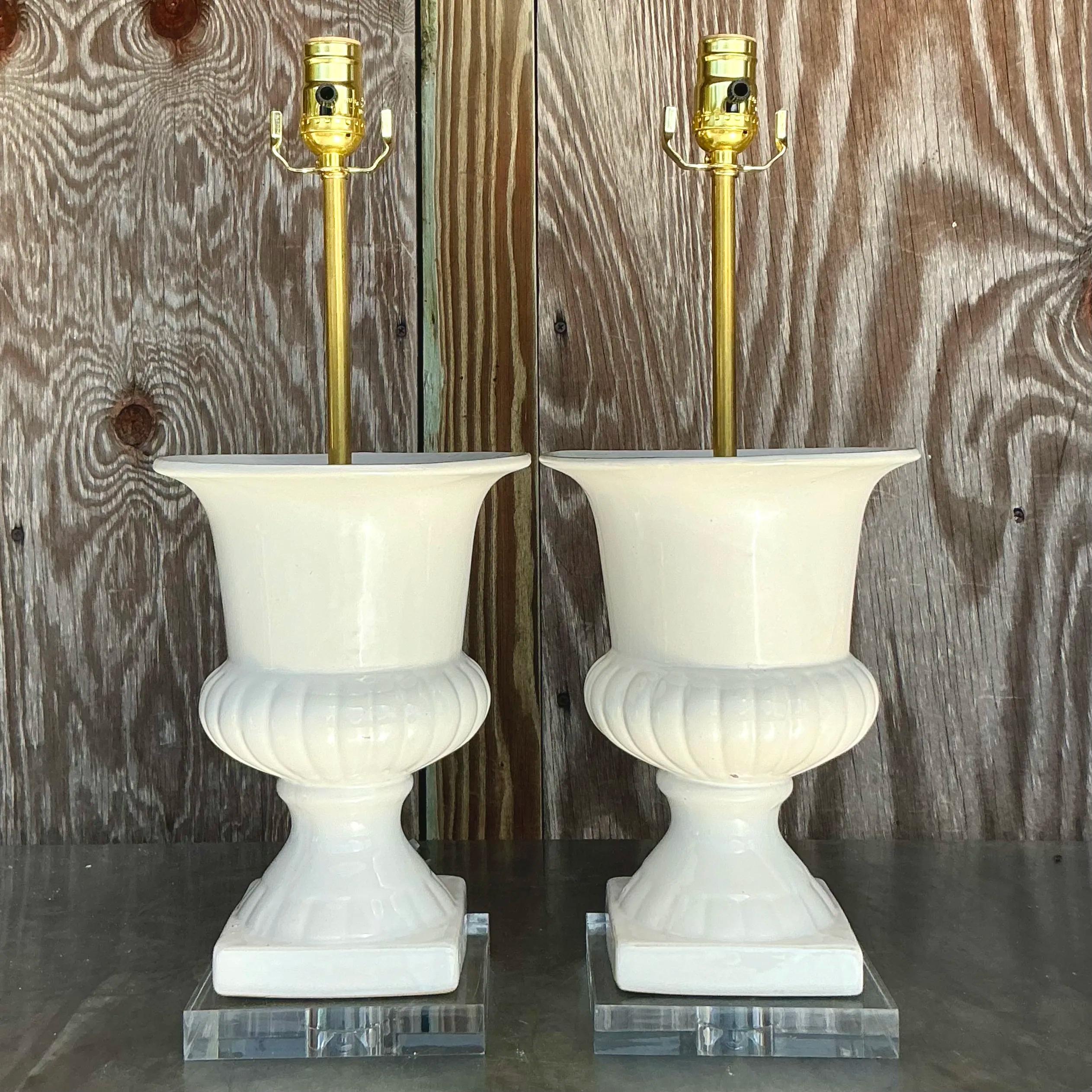Paire de lampes Urnes Vintage en céramique émaillée Boho en vente 2