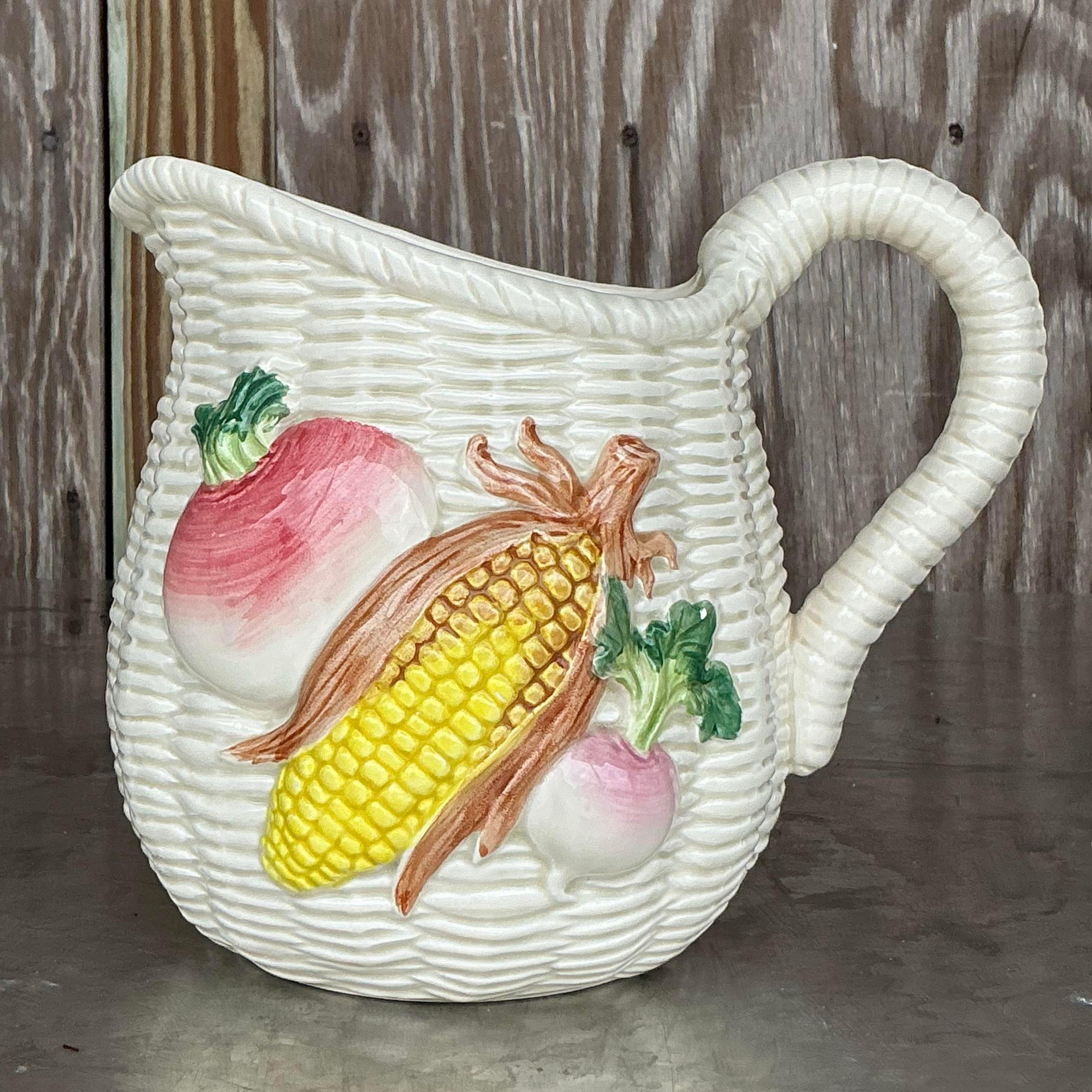Hollywood Regency Pichet à légumes vintage Boho en céramique émaillée en vente