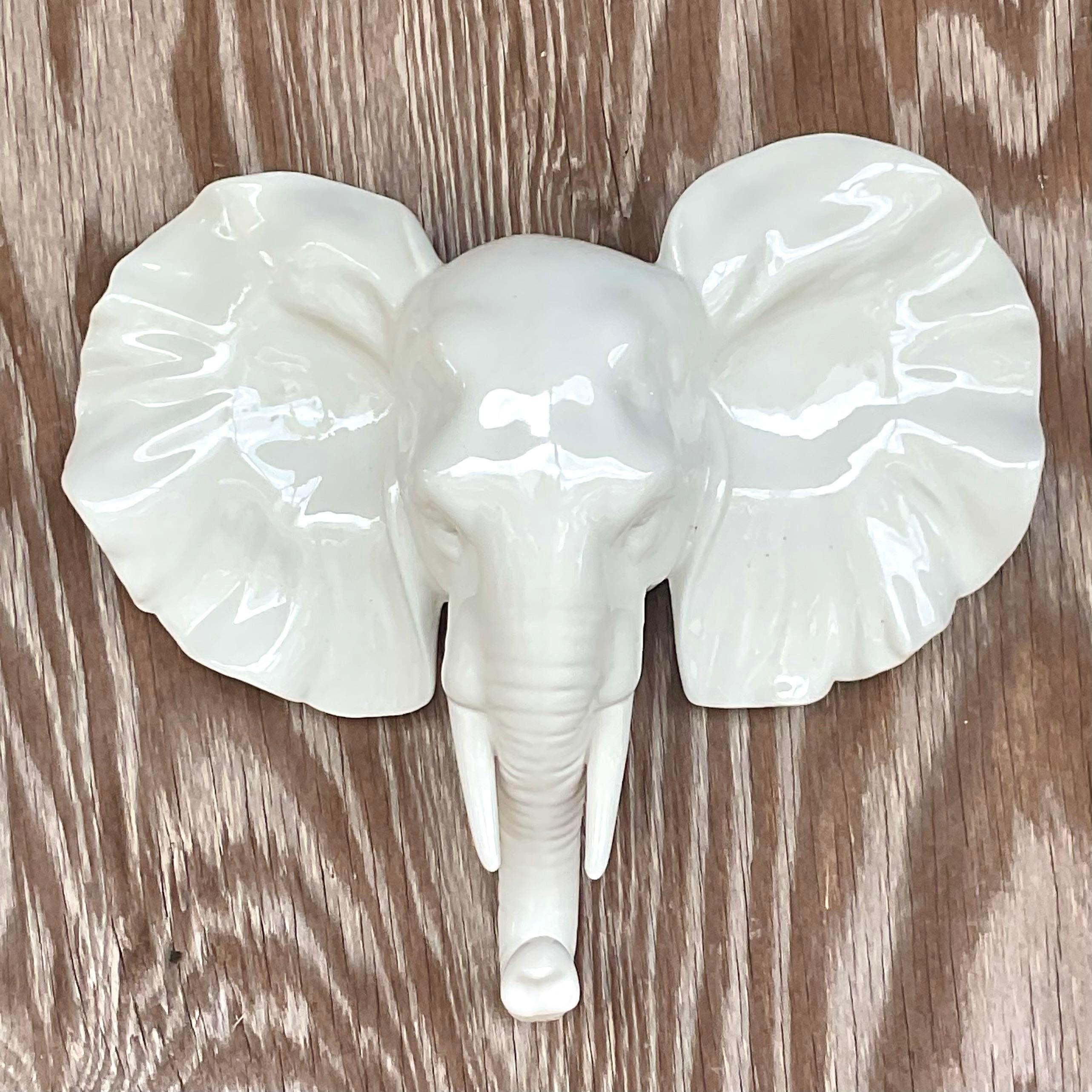 Bohemian Vintage Boho Glazed Ceramic Wall Elephant For Sale