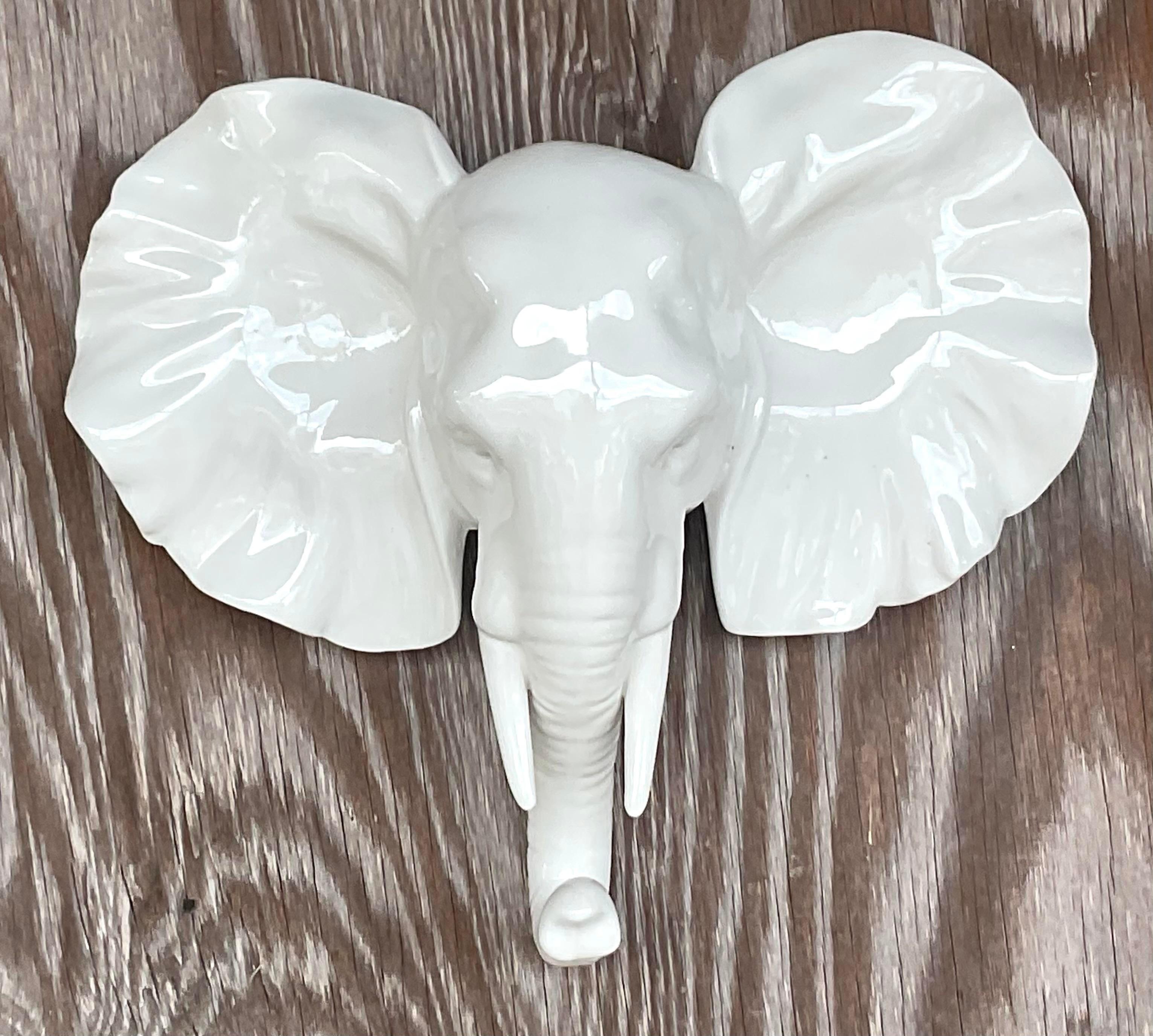 20th Century Vintage Boho Glazed Ceramic Wall Elephant For Sale