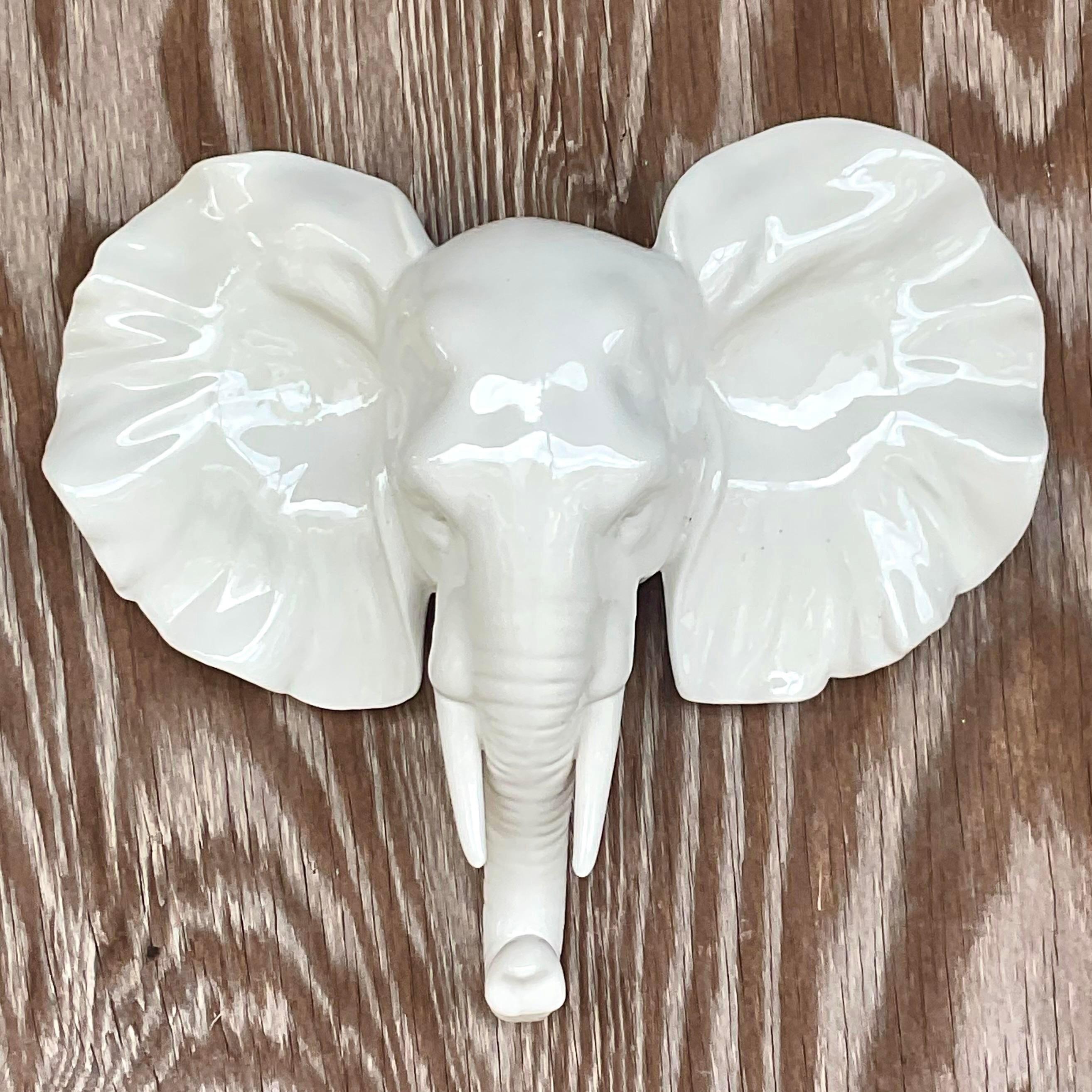 Vintage Boho Glazed Ceramic Wall Elephant For Sale 1