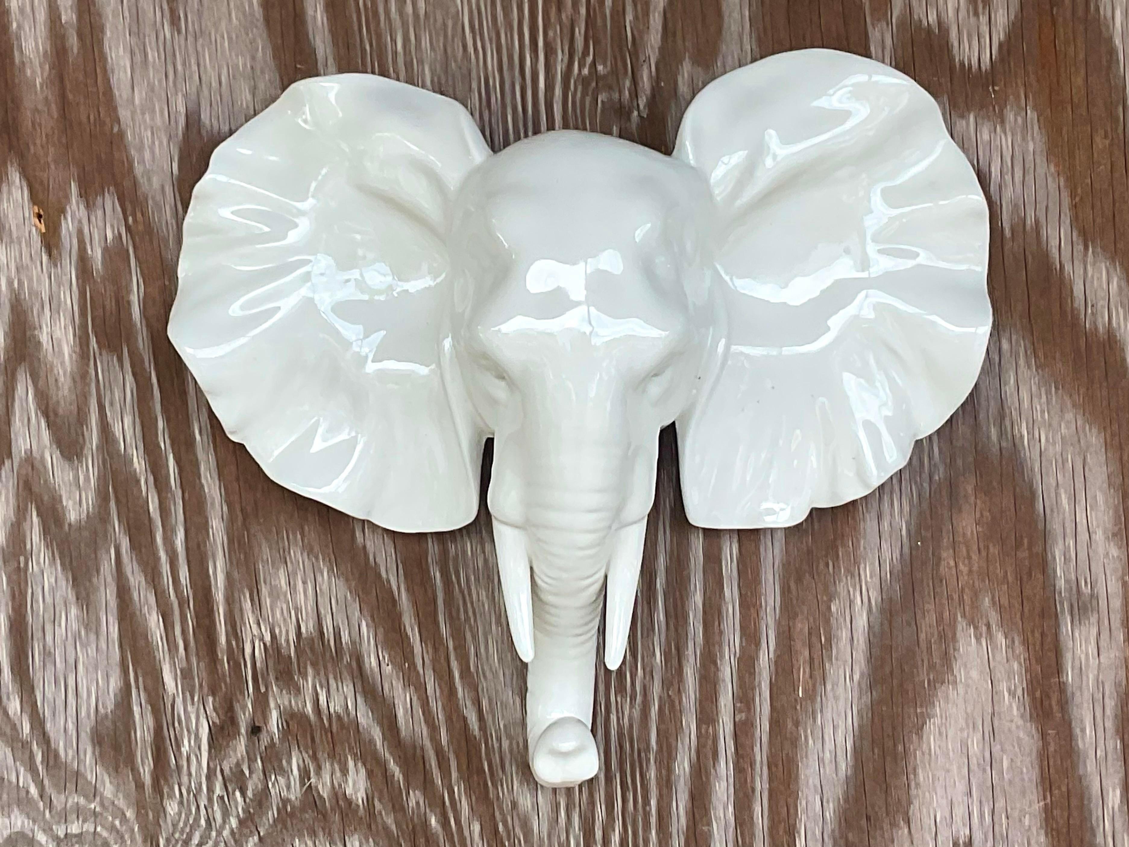 Vintage Boho Glazed Ceramic Wall Elephant For Sale 2