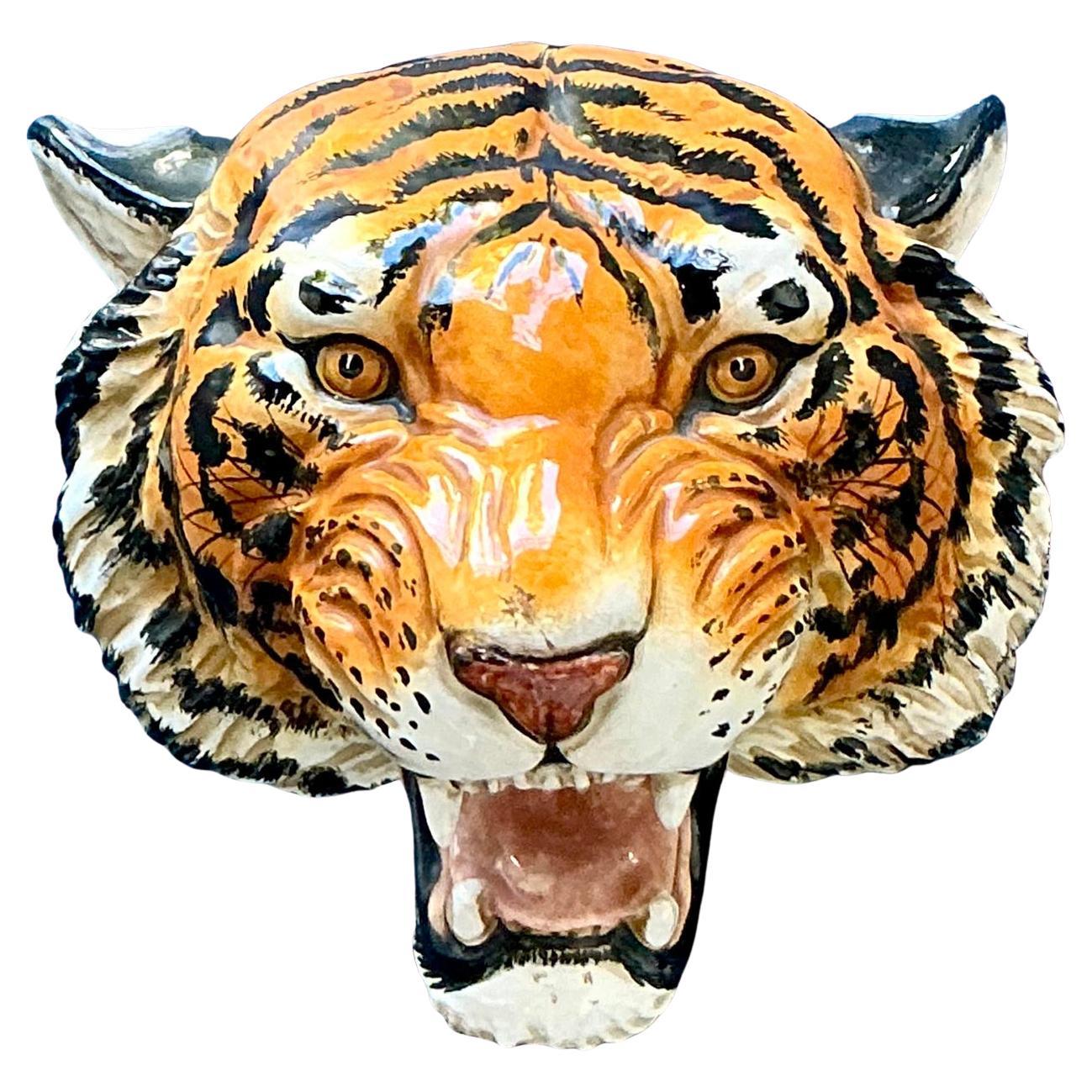 Vintage Boho Glazed Ceramic Wall Tiger