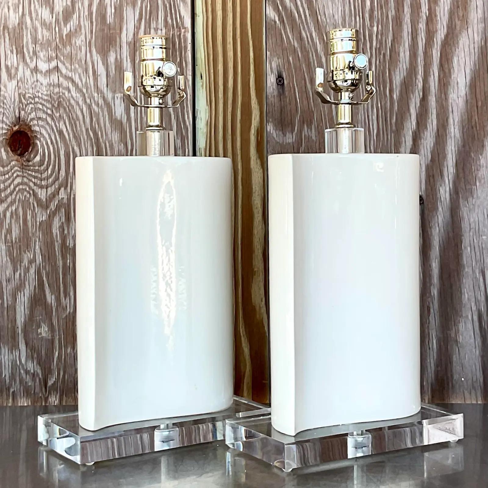 North American Vintage Boho Glazed Ceramic Wave Lamps - a Pair For Sale