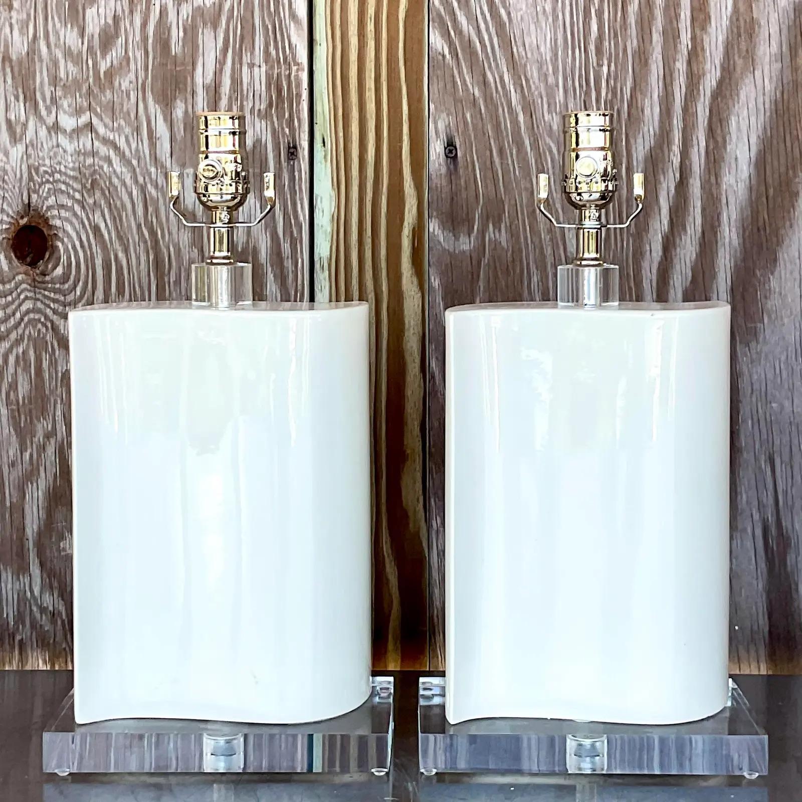 Vintage Boho Glazed Ceramic Wave Lamps - a Pair In Good Condition For Sale In west palm beach, FL