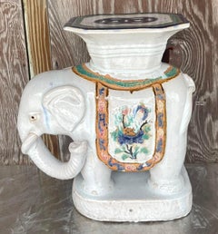 Vintage Boho Glazed Ceramic White Elephant Stool