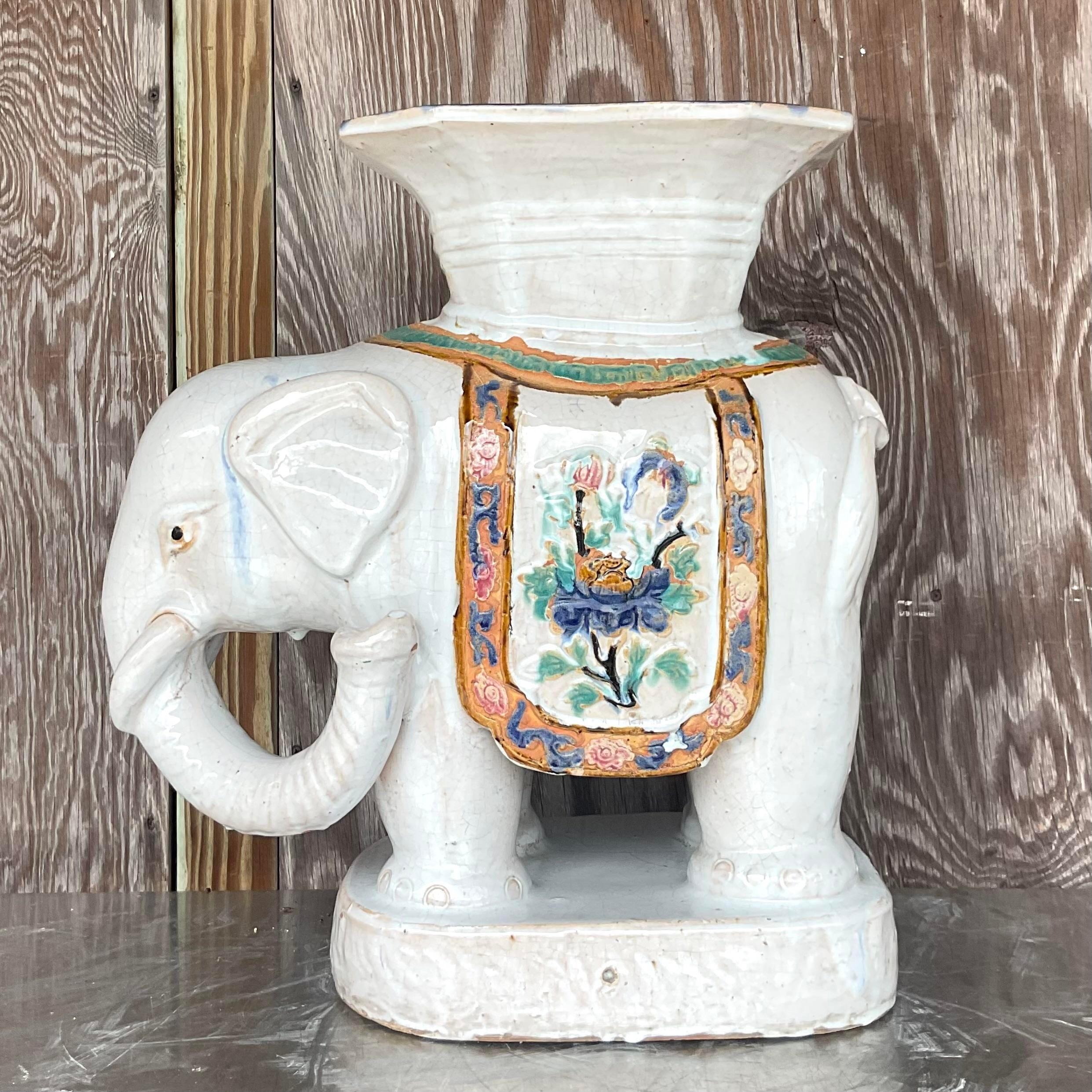 Bohemian Vintage Boho Glazed Ceramic White Elephant Stool For Sale