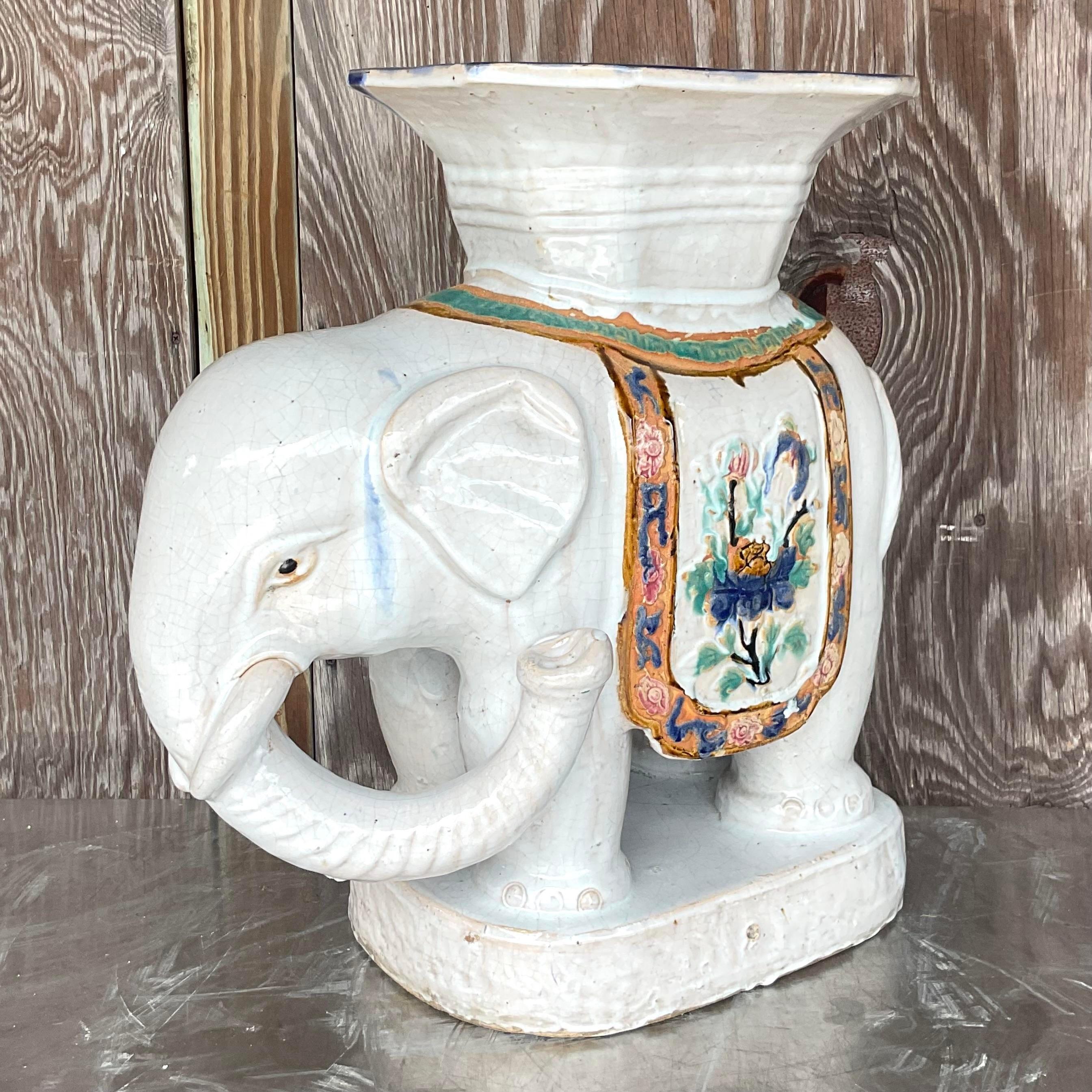 North American Vintage Boho Glazed Ceramic White Elephant Stool For Sale