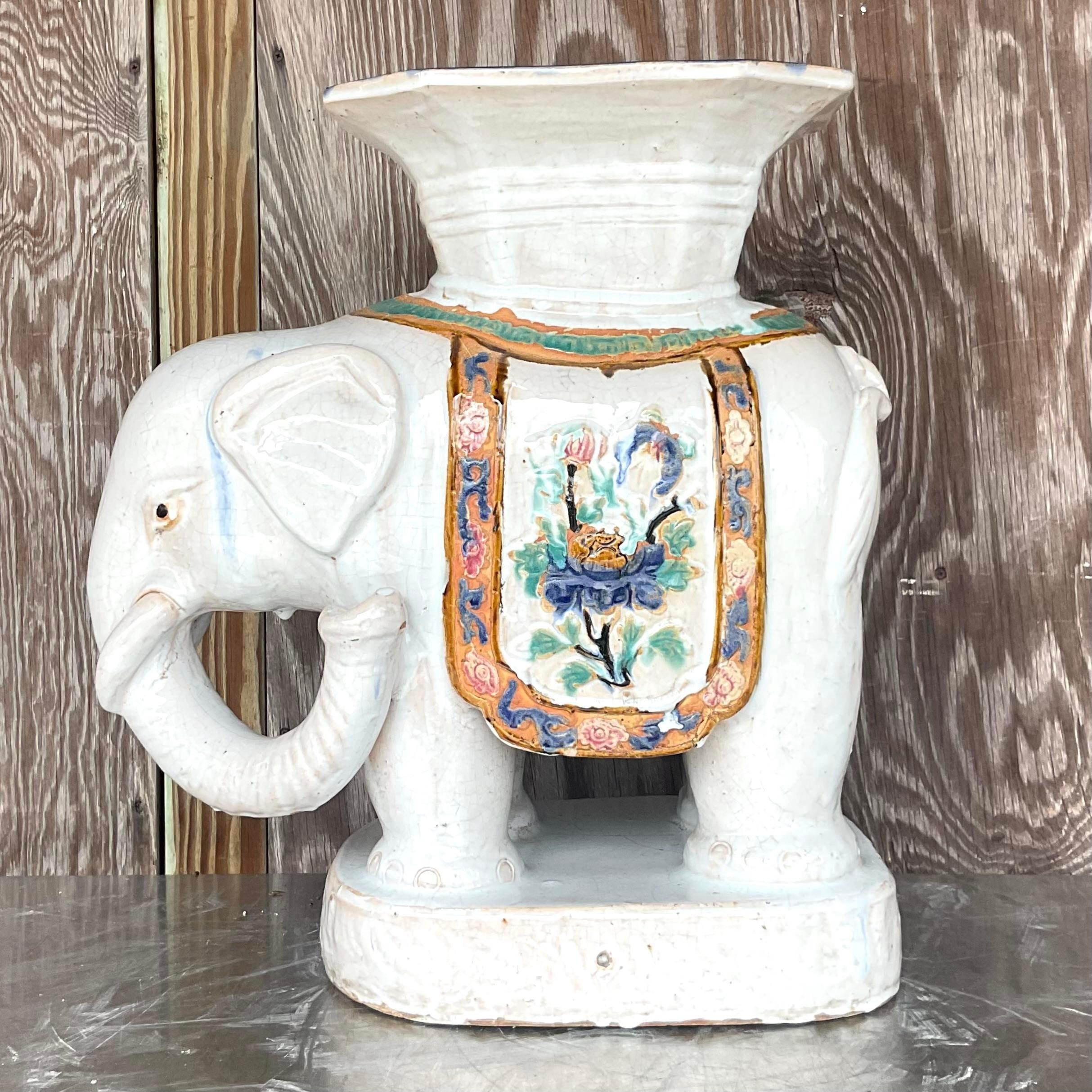 Vintage Boho Glazed Ceramic White Elephant Stool In Good Condition For Sale In west palm beach, FL