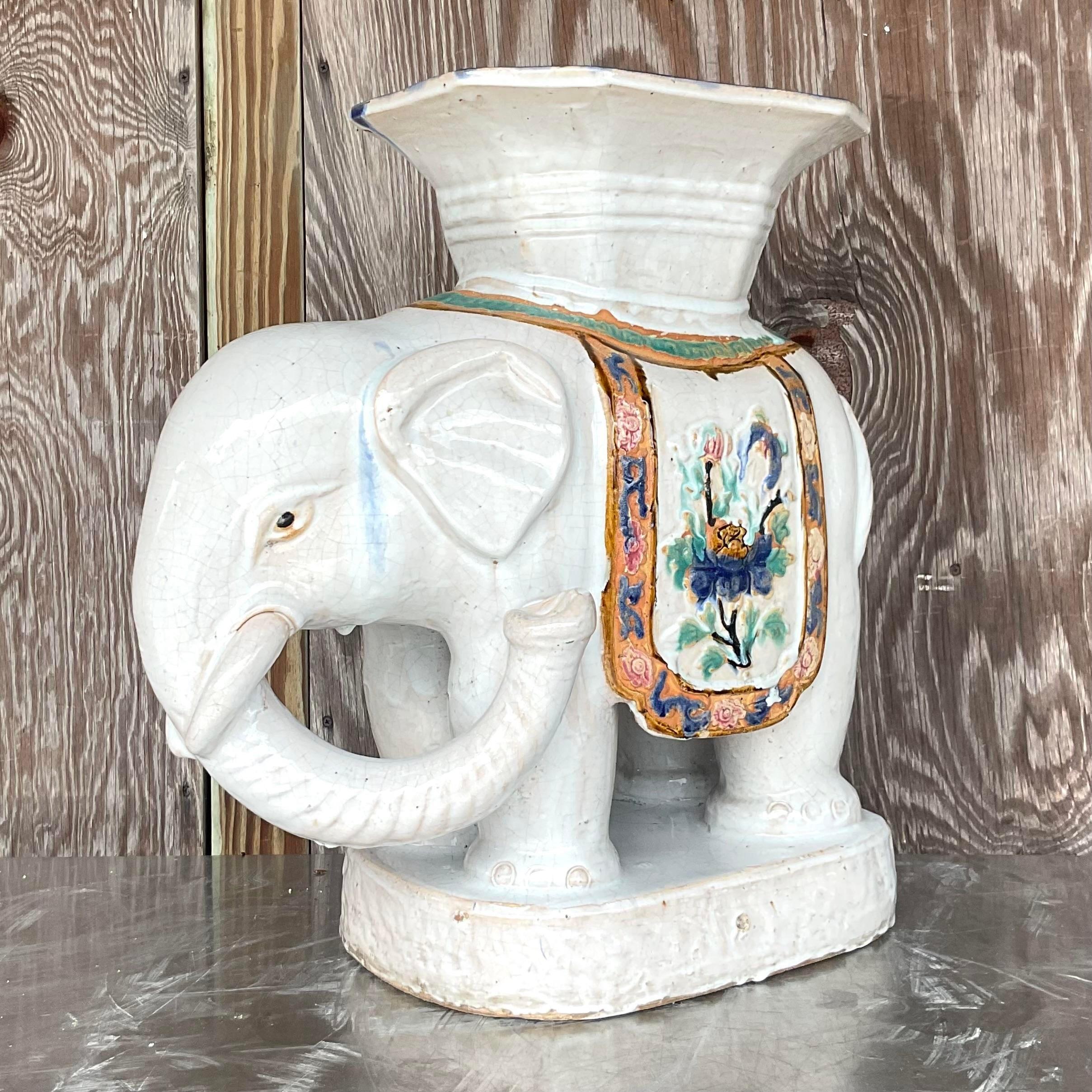 20th Century Vintage Boho Glazed Ceramic White Elephant Stool For Sale