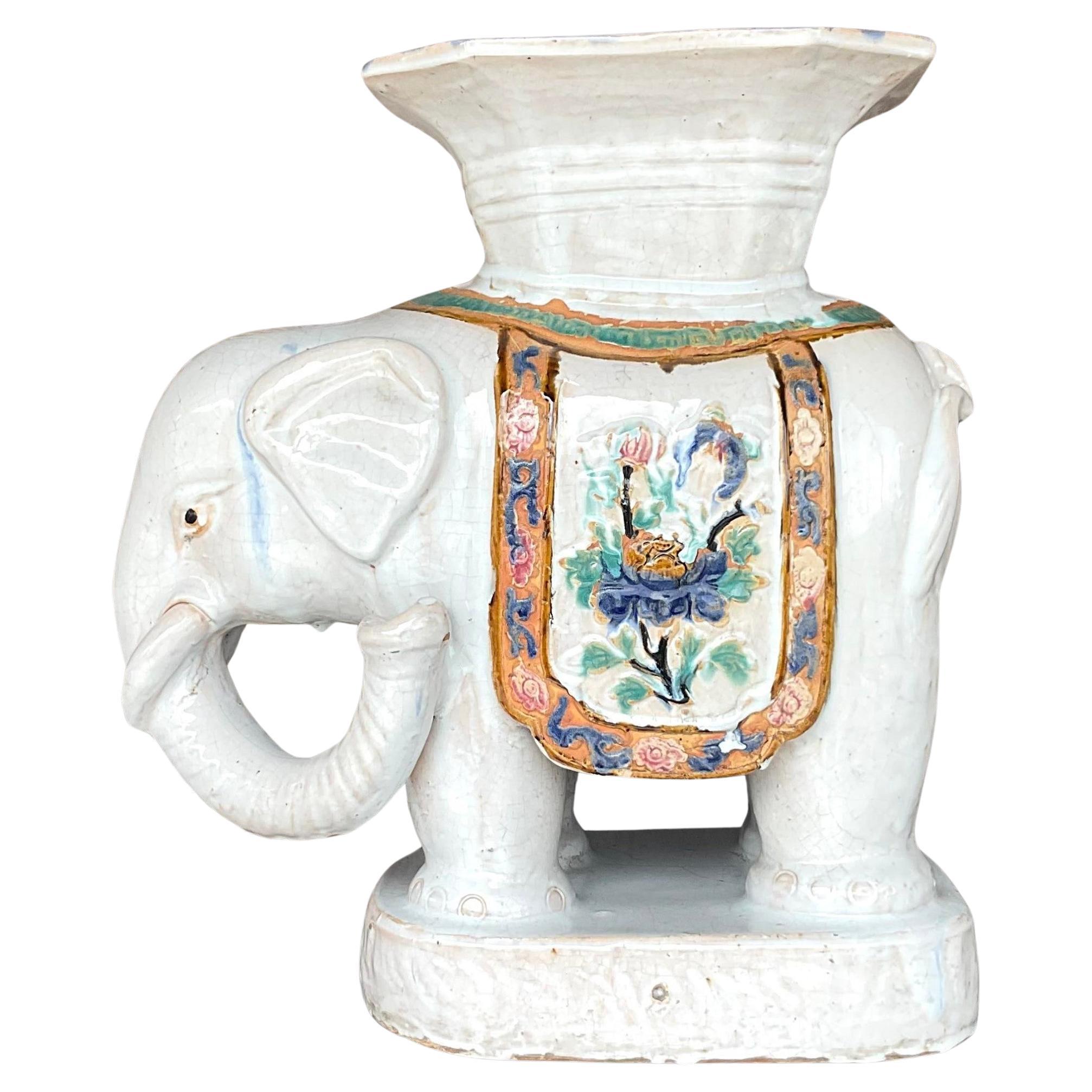 Vintage Boho Glazed Ceramic White Elephant Stool For Sale