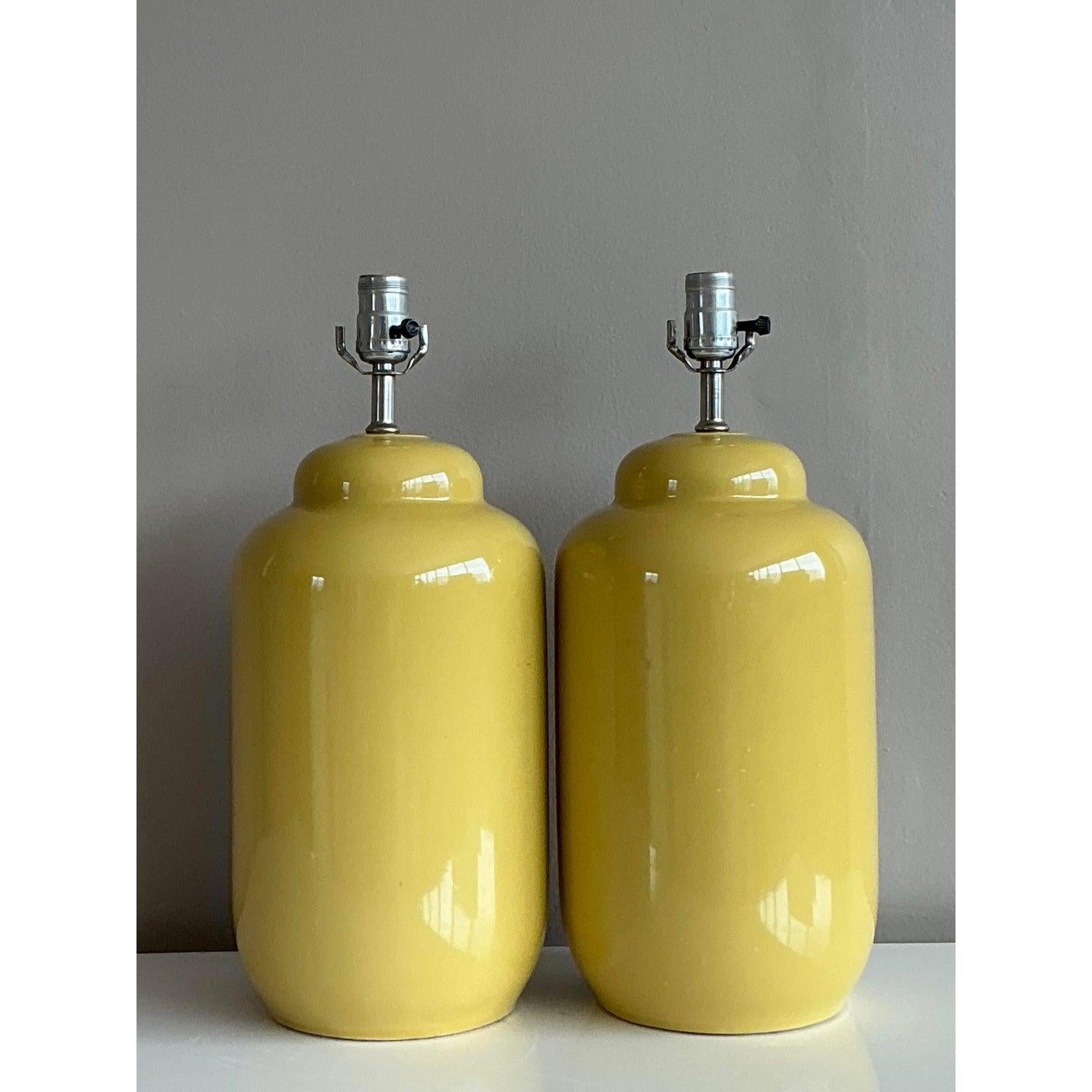 Mid-Century Modern Vintage Boho Glazed Ceramic Yellow Lamps - A Pair For Sale