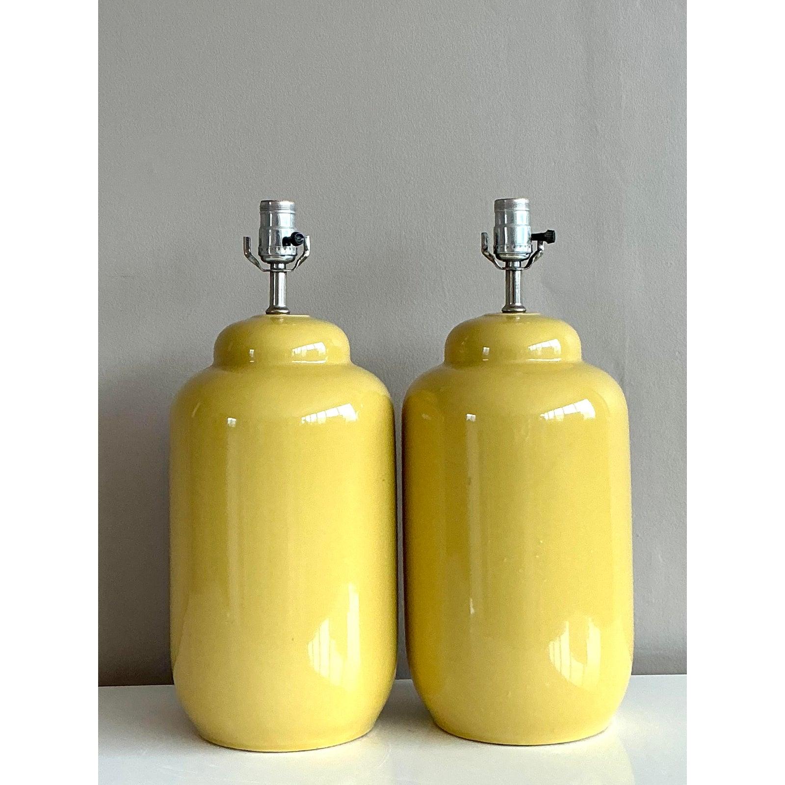 American Vintage Boho Glazed Ceramic Yellow Lamps - A Pair For Sale