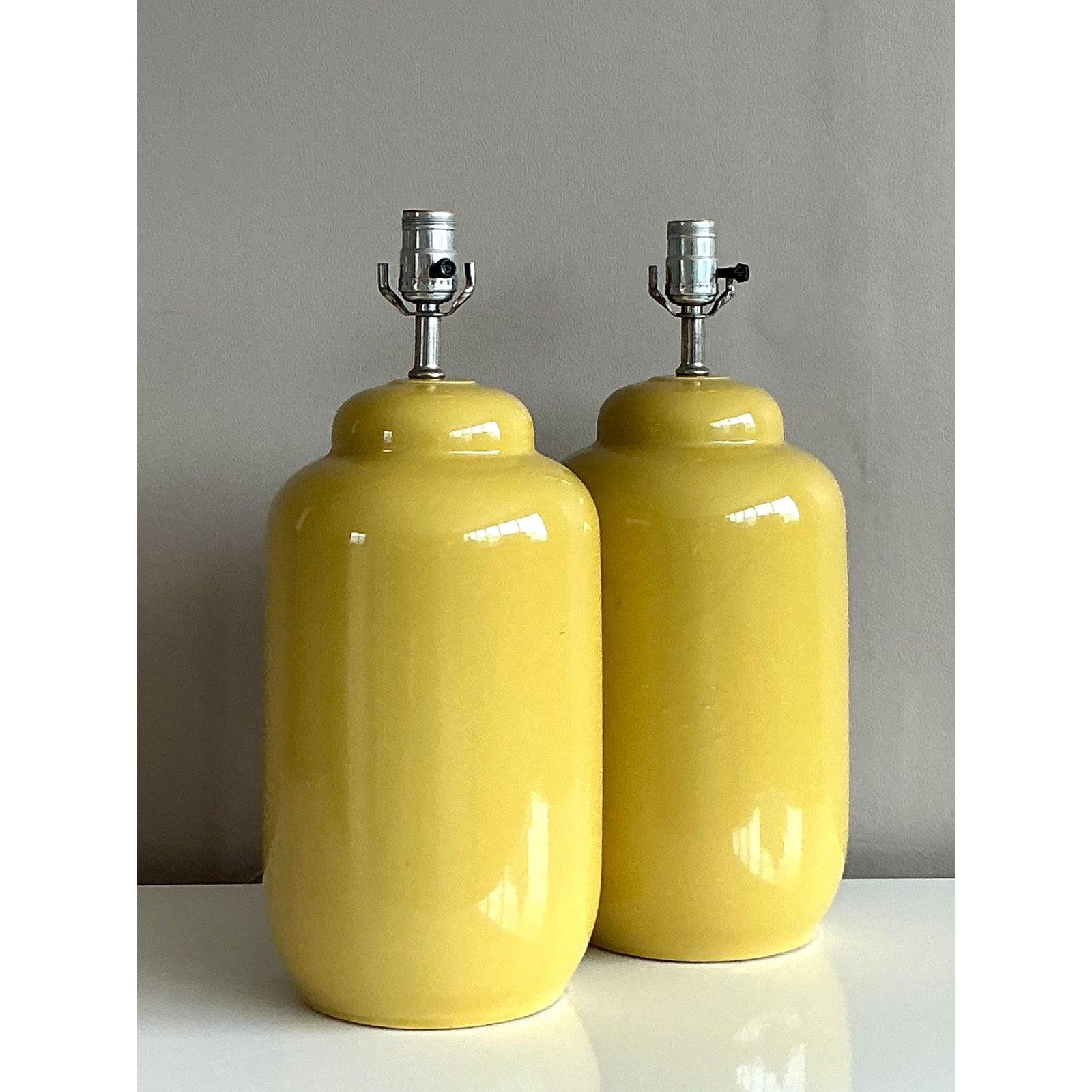 Vintage Boho Glazed Ceramic Yellow Lamps - A Pair In Good Condition For Sale In West Palm Beach, FL