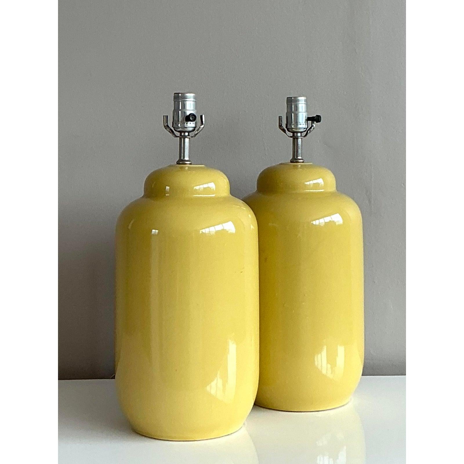 20th Century Vintage Boho Glazed Ceramic Yellow Lamps - A Pair For Sale