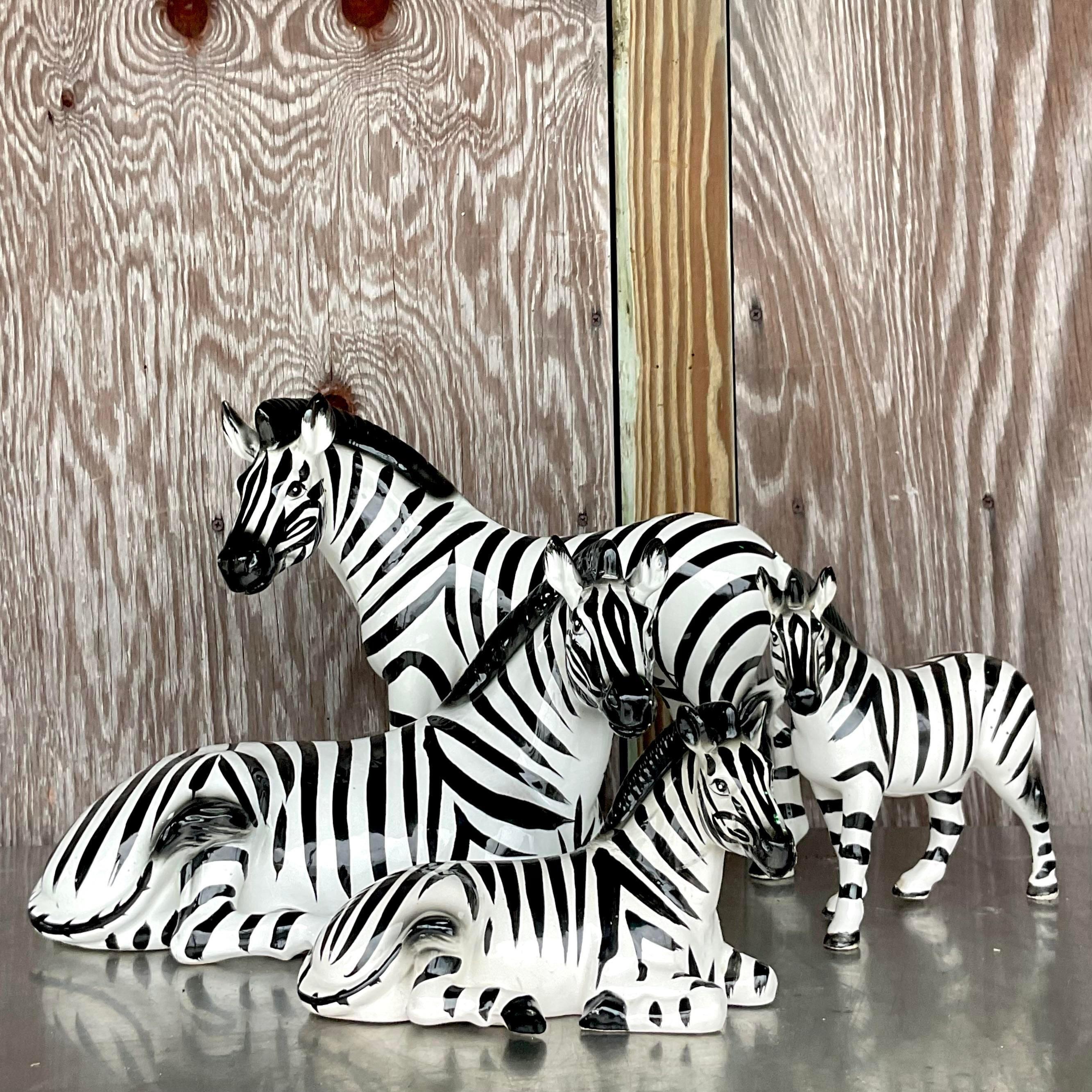 Vintage Boho Glazed Ceramic Zebras - Set of 4 In Good Condition In west palm beach, FL