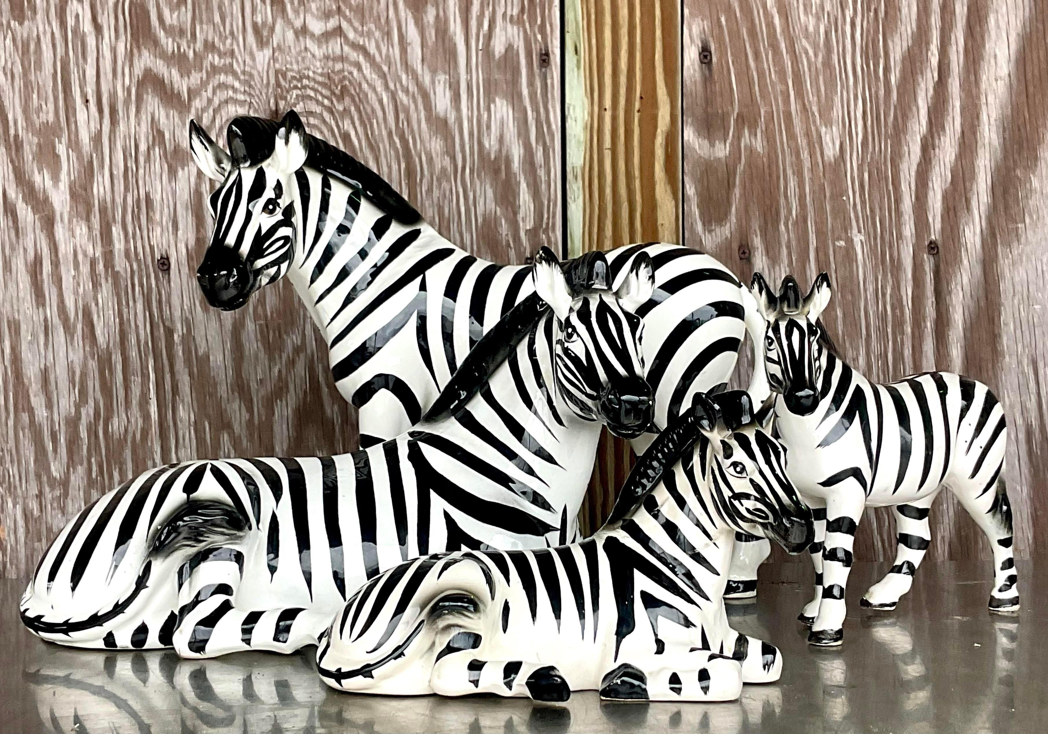 20th Century Vintage Boho Glazed Ceramic Zebras - Set of 4