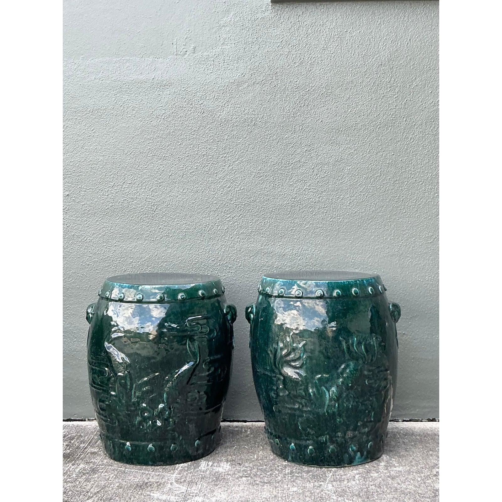 Vintage Boho glasierten Fisch Keramik Garten Hocker - ein Paar (Chinoiserie) im Angebot