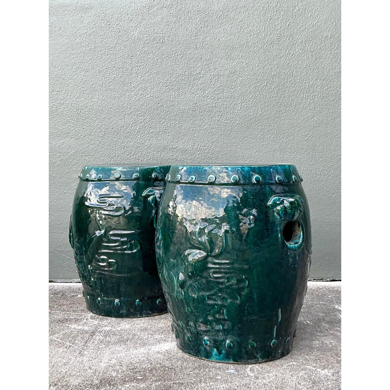 Vintage Boho glasierten Fisch Keramik Garten Hocker - ein Paar (Chinesisch) im Angebot