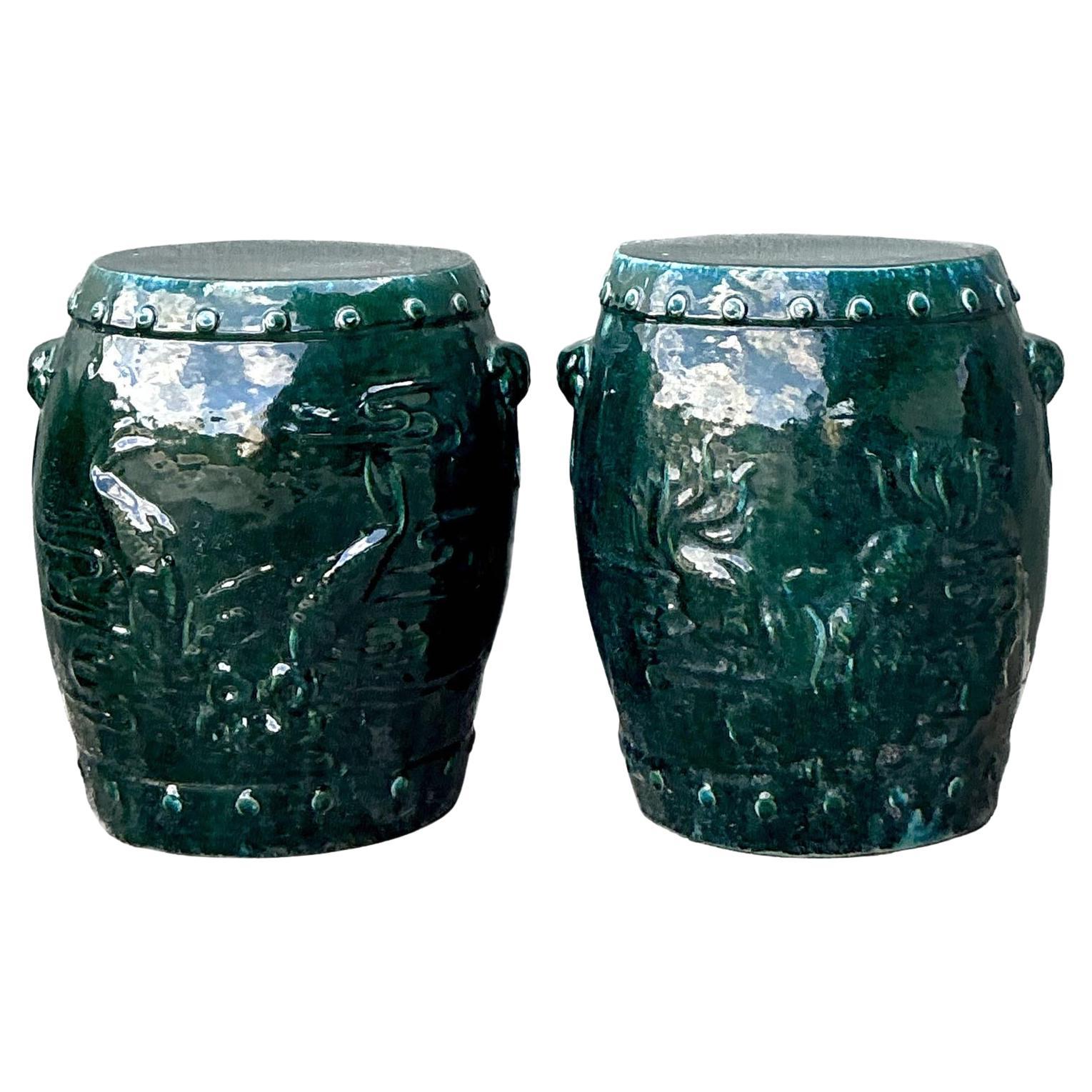 Vintage Boho Glazed Fish Ceramic Garden Stools - A Pair