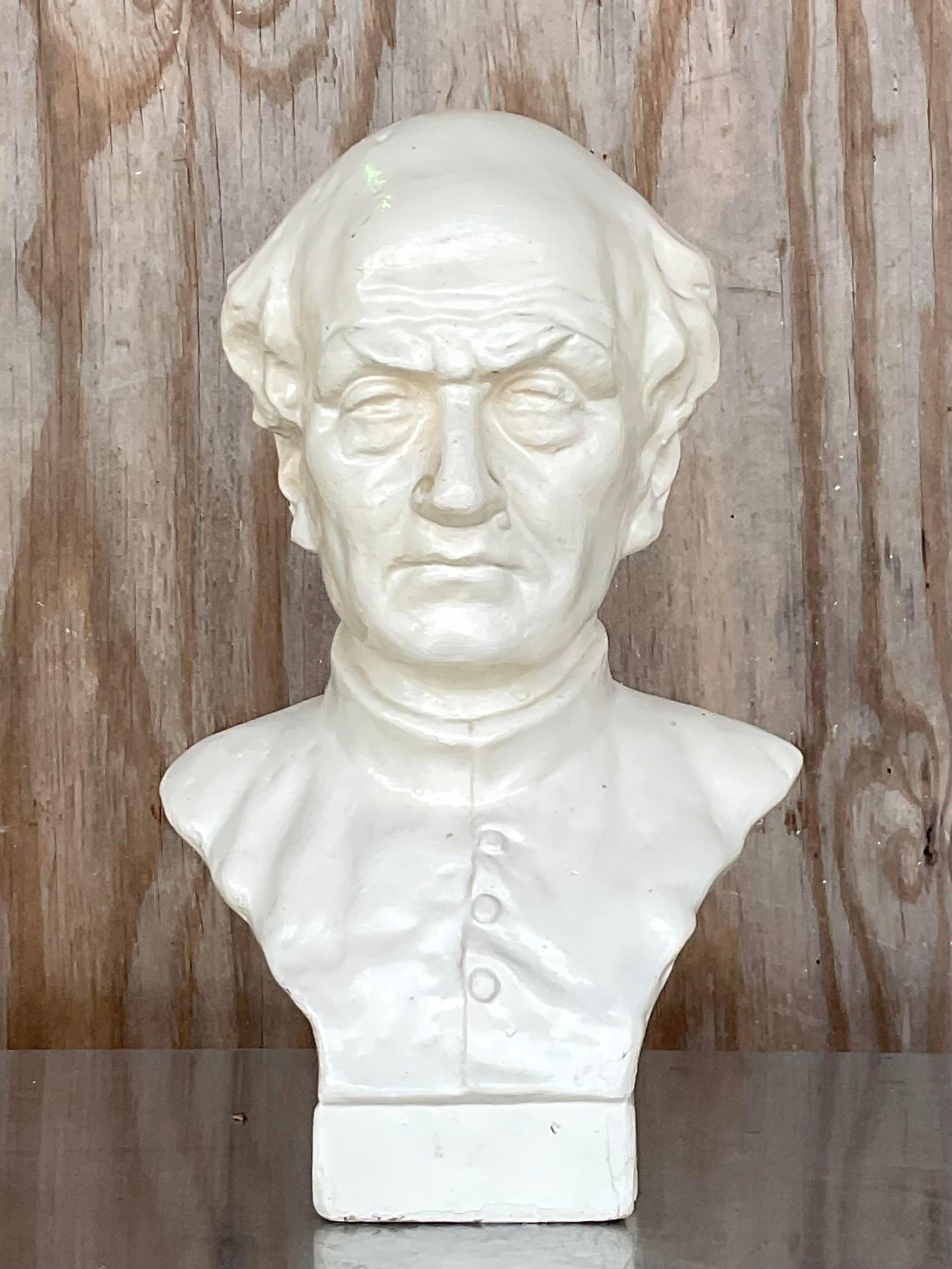 Vintage Boho plaster bust. Beautiful composition of a fine gentleman. Acquired from a Palm Beach estate.