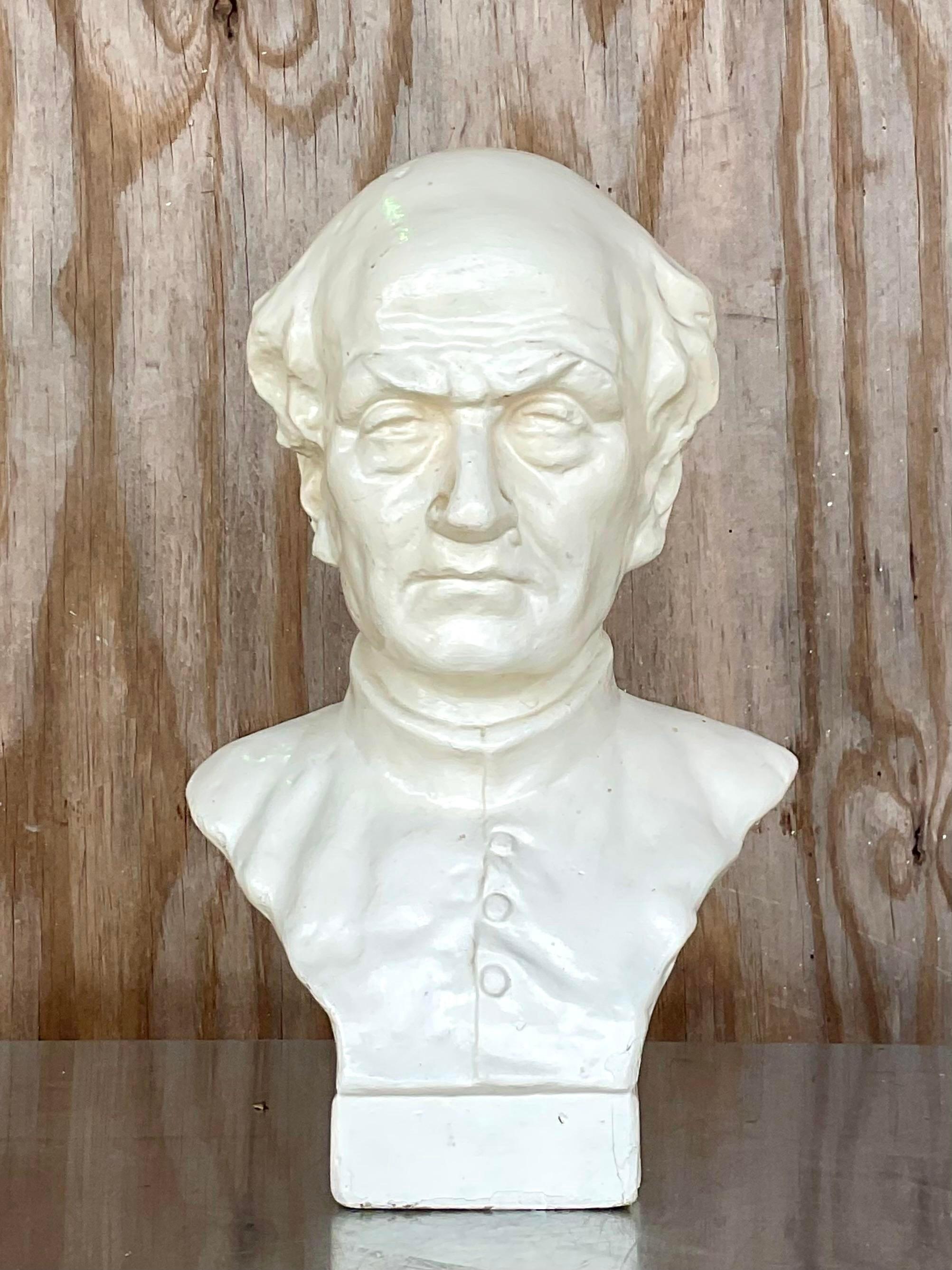 Vintage Boho Glazed Plaster Bust of Man In Good Condition For Sale In west palm beach, FL