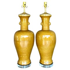 Antique Boho Glazed Porcelain Dragon Relief Lamps - A Pair