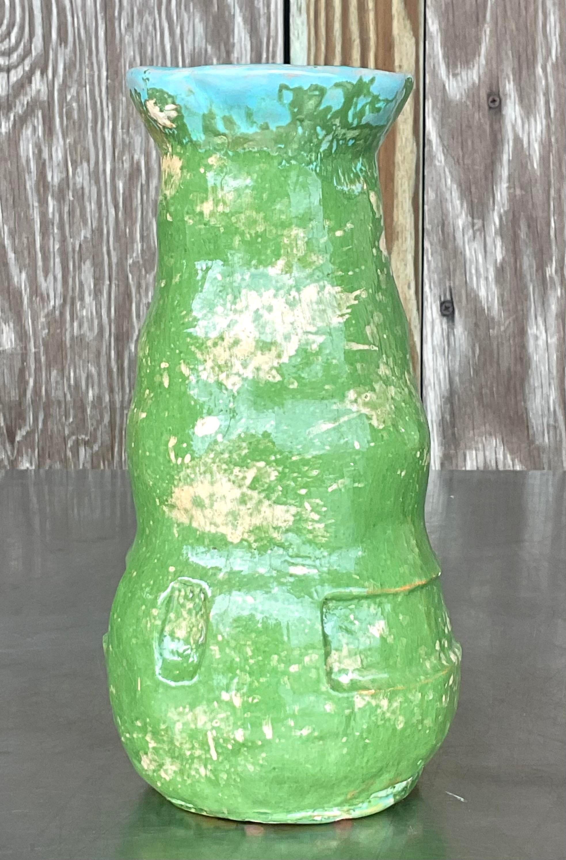 20th Century Vintage Boho Glazed Studio Pottery Vase For Sale