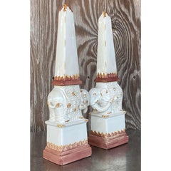 Vintage Boho Glazed Terra Cotta Elephant Obelisks - a Pair