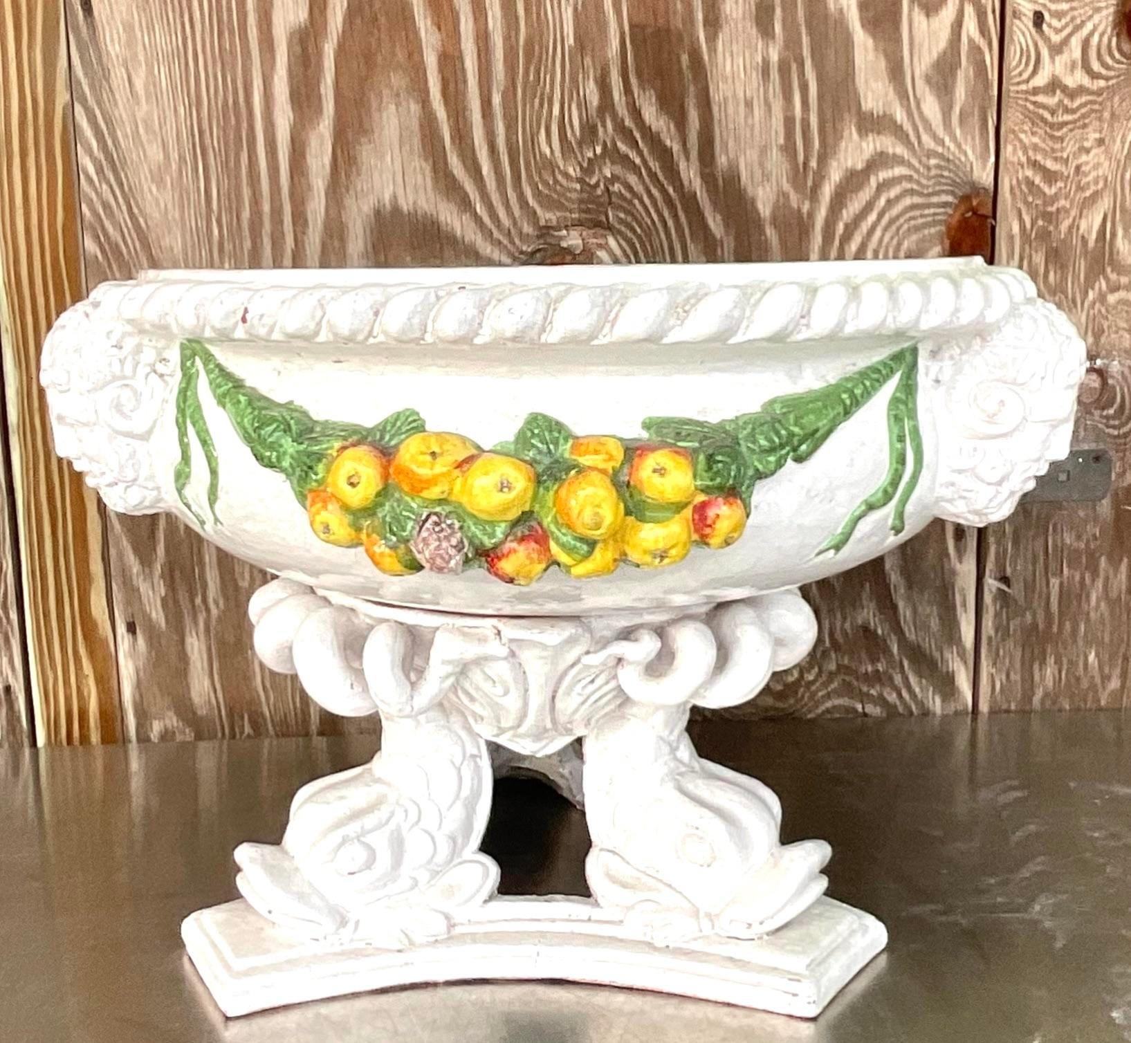 Vintage Boho glasierte Terrakotta-Urne, handbemalte Girlandenurne, Vintage (Italienisch) im Angebot