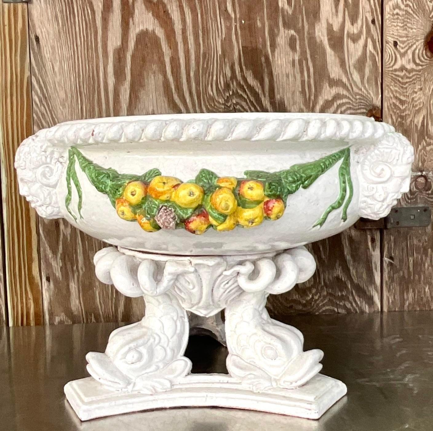 Vintage Boho Glazed Terracotta Hand Painted Garland Urn In Good Condition For Sale In west palm beach, FL