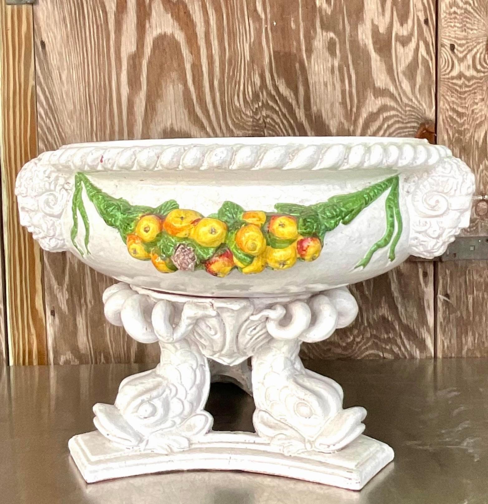 Vintage Boho Glazed Terracotta Hand Painted Garland Urn For Sale 2