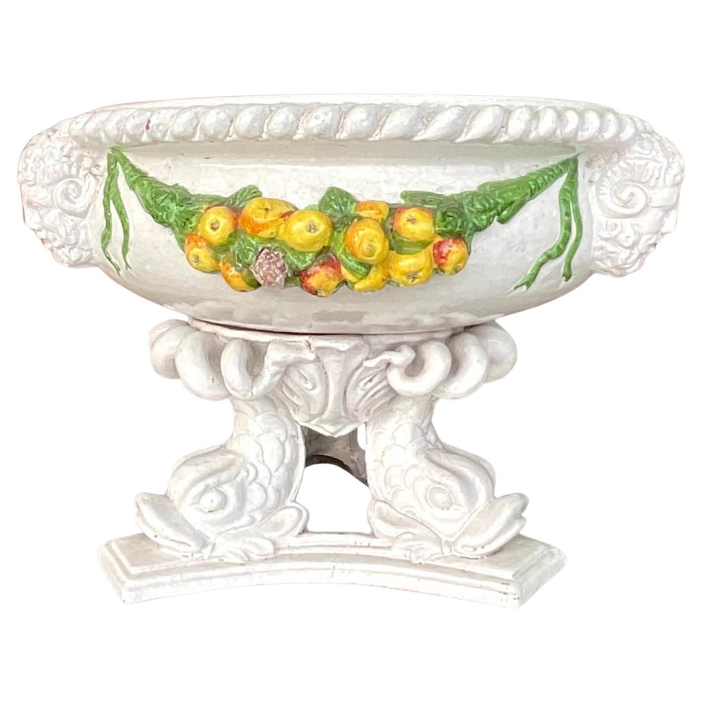Vintage Boho glasierte Terrakotta-Urne, handbemalte Girlandenurne, Vintage im Angebot