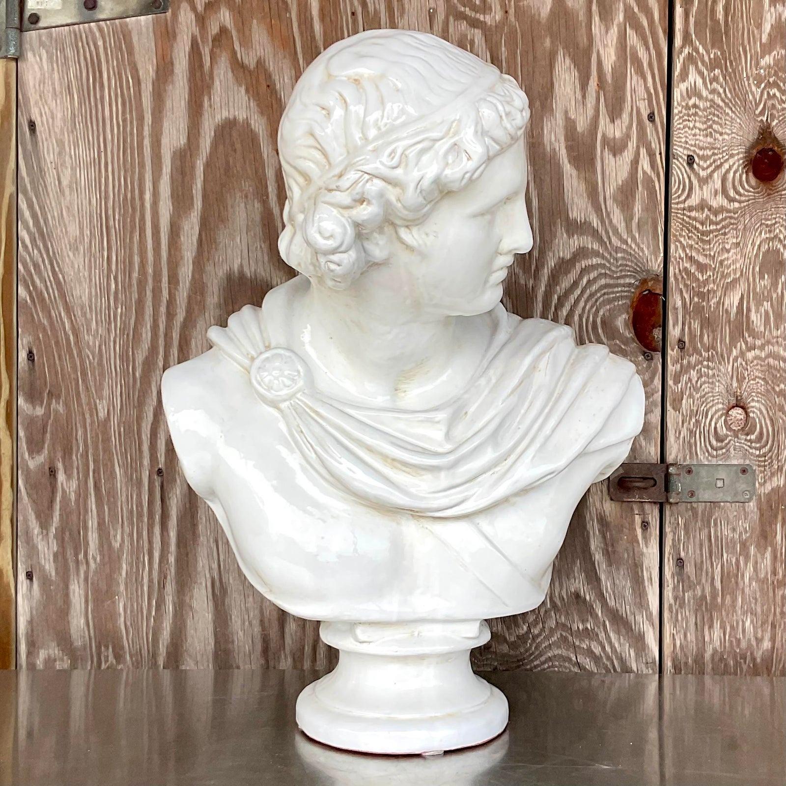 Vintage Boho Global Views Glazed Terra Cotta Bust In Good Condition For Sale In west palm beach, FL