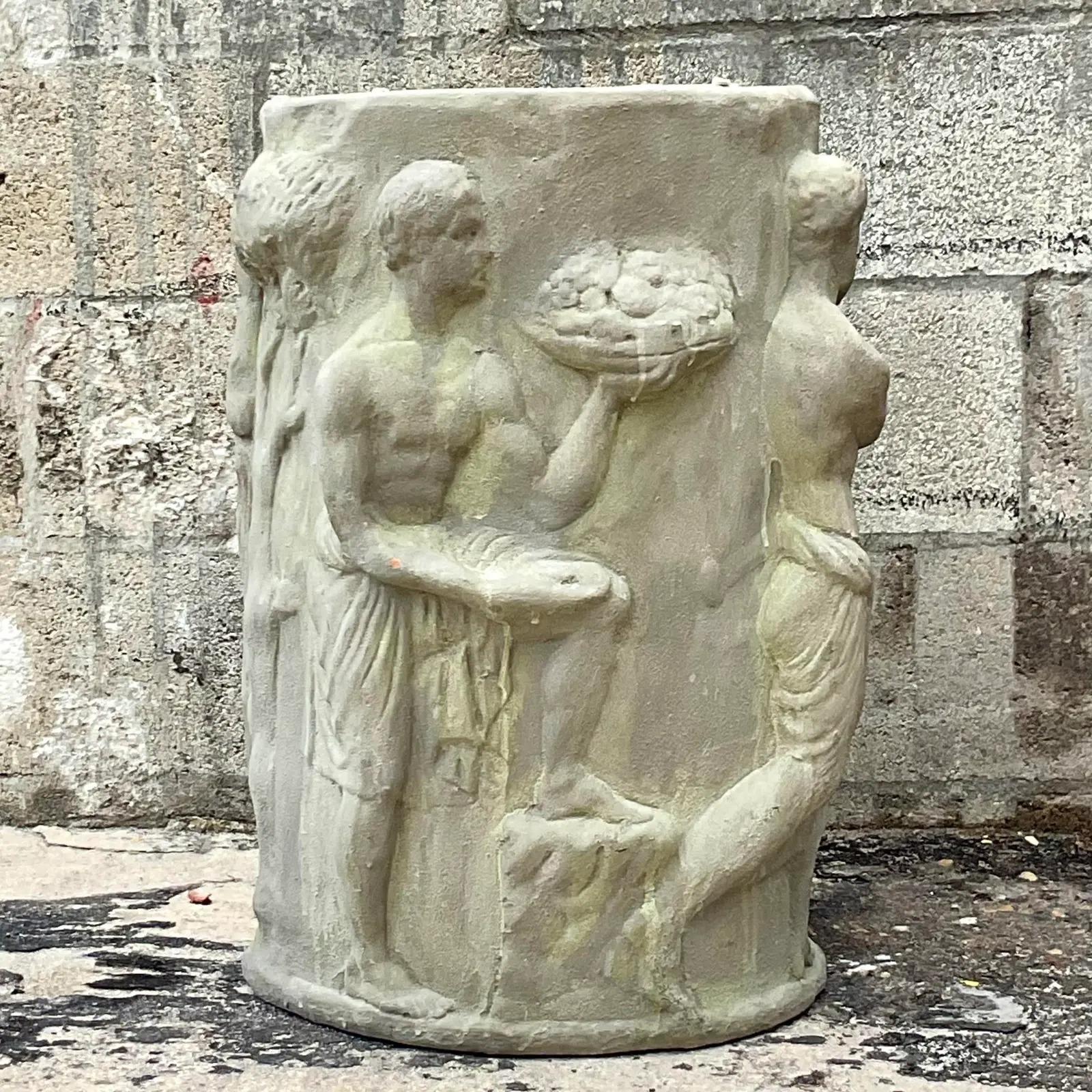 A really fabulous vintage case concrete table pedestal. A beautiful relief with a Grand Tour design. A parade of characters in various costume. Acquired from a Palm Beach estate.