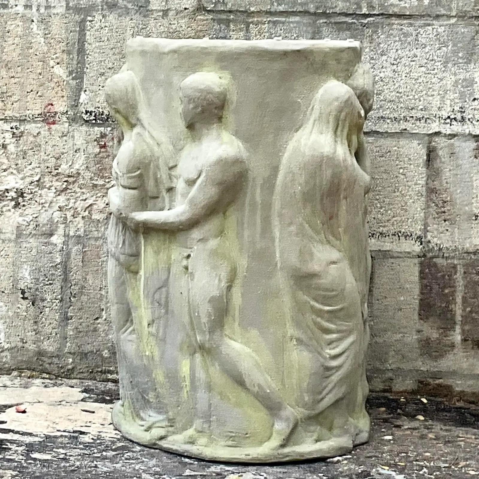 Vintage Boho Grand Tour Relief Pedestal In Good Condition For Sale In west palm beach, FL