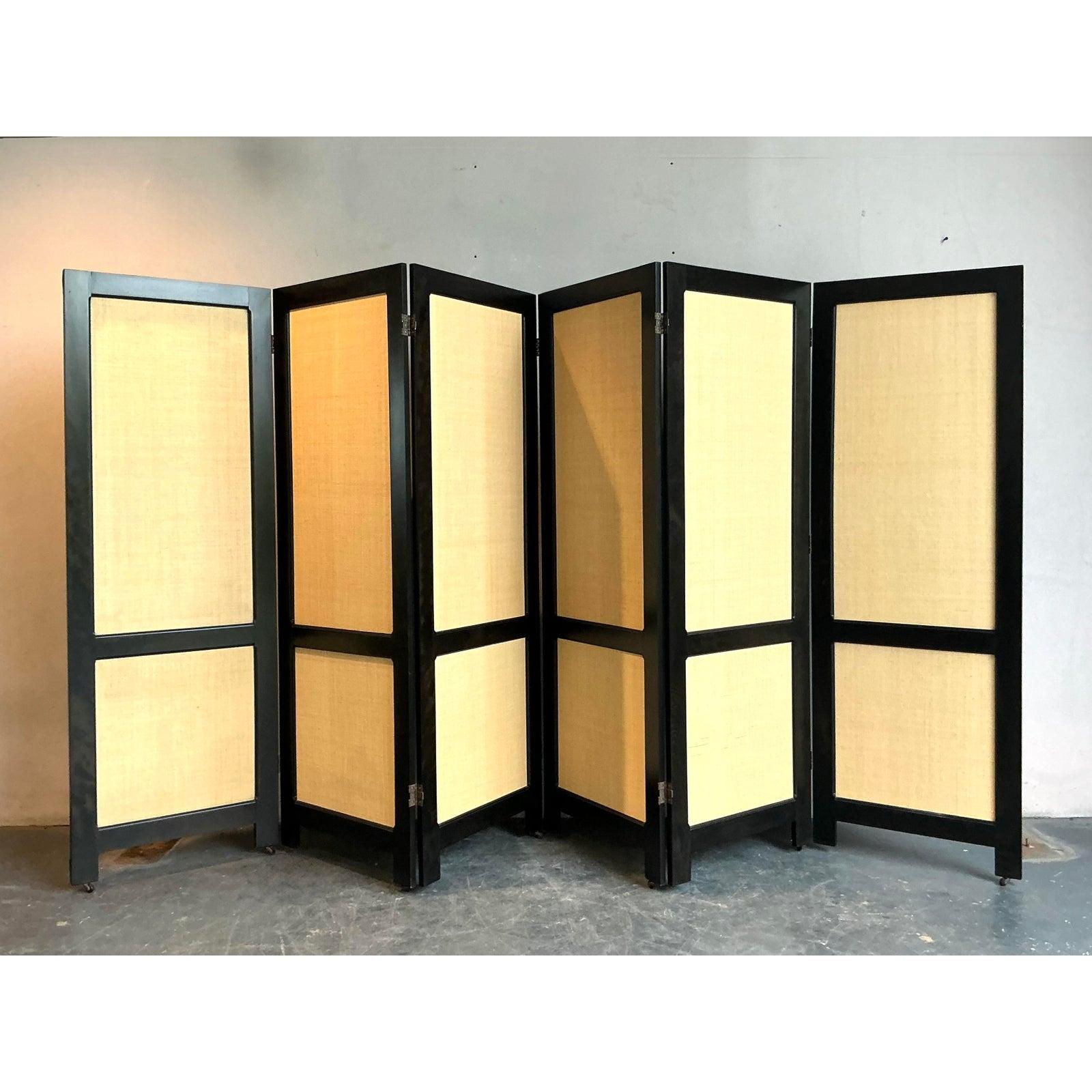 20th Century Vintage Boho Grass Cloth Folding Screen After Ralph Lauren For Sale