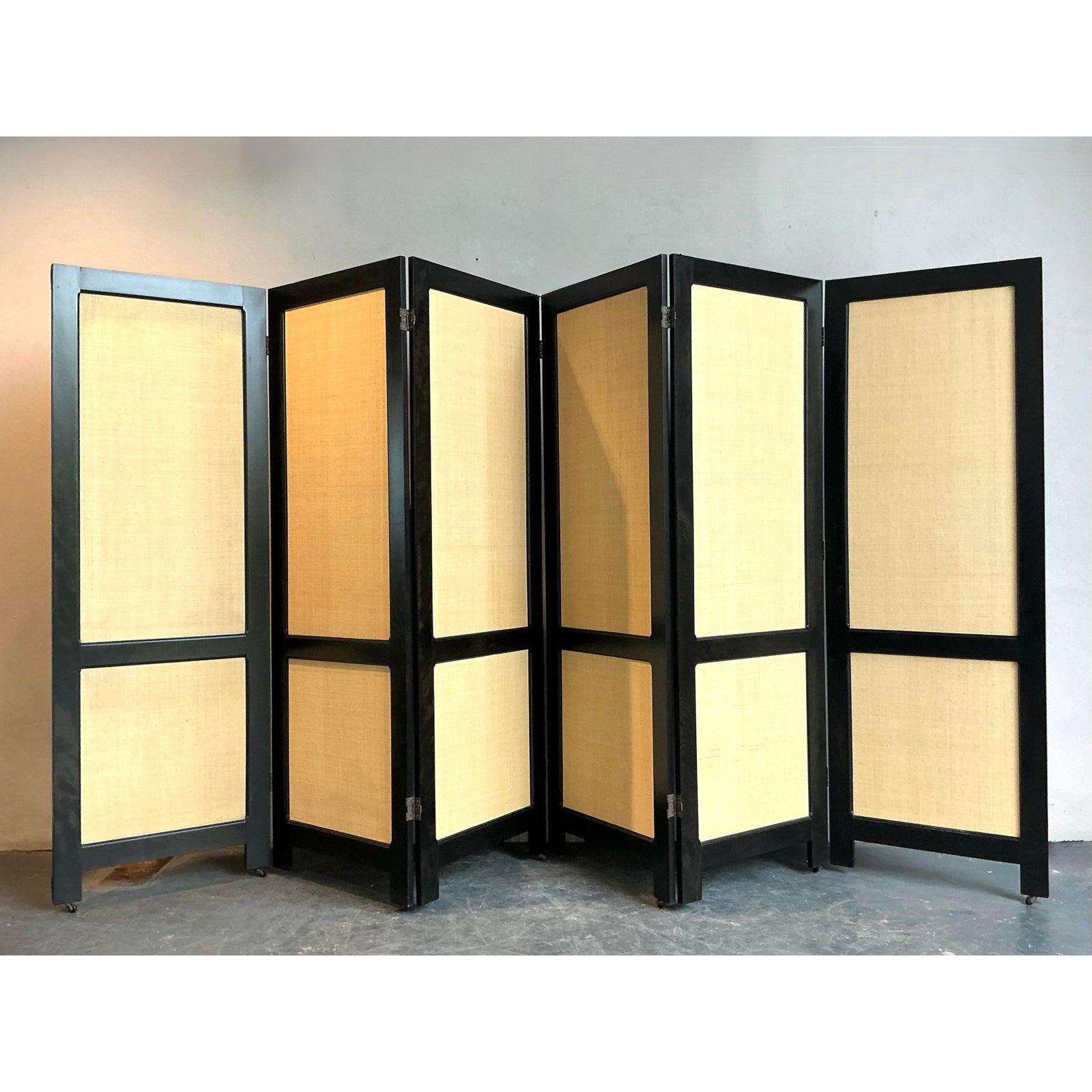 Fabric Vintage Boho Grass Cloth Folding Screen After Ralph Lauren For Sale