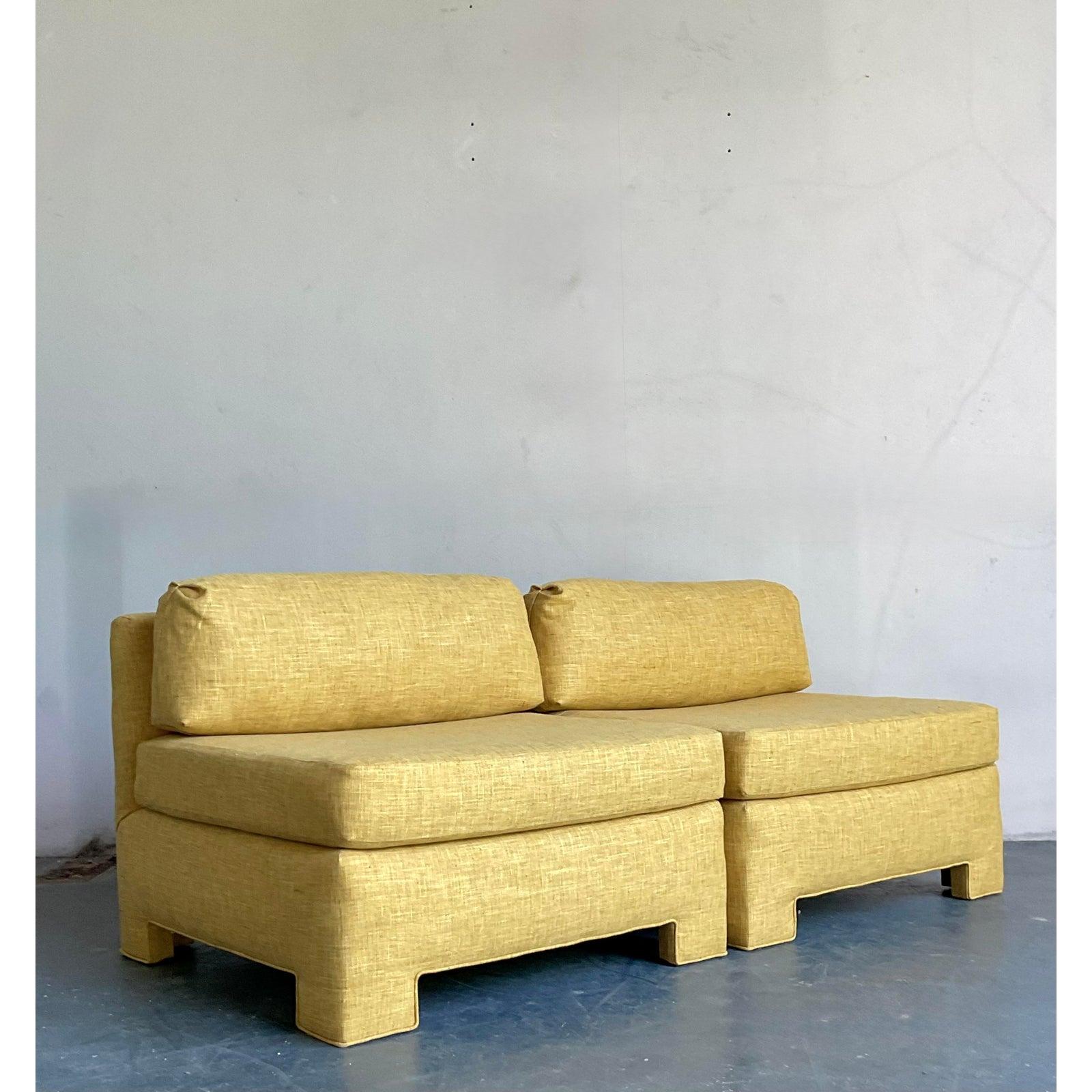 Brutalist Vintage Boho Grass Weave Slipper Chairs - A Pair For Sale