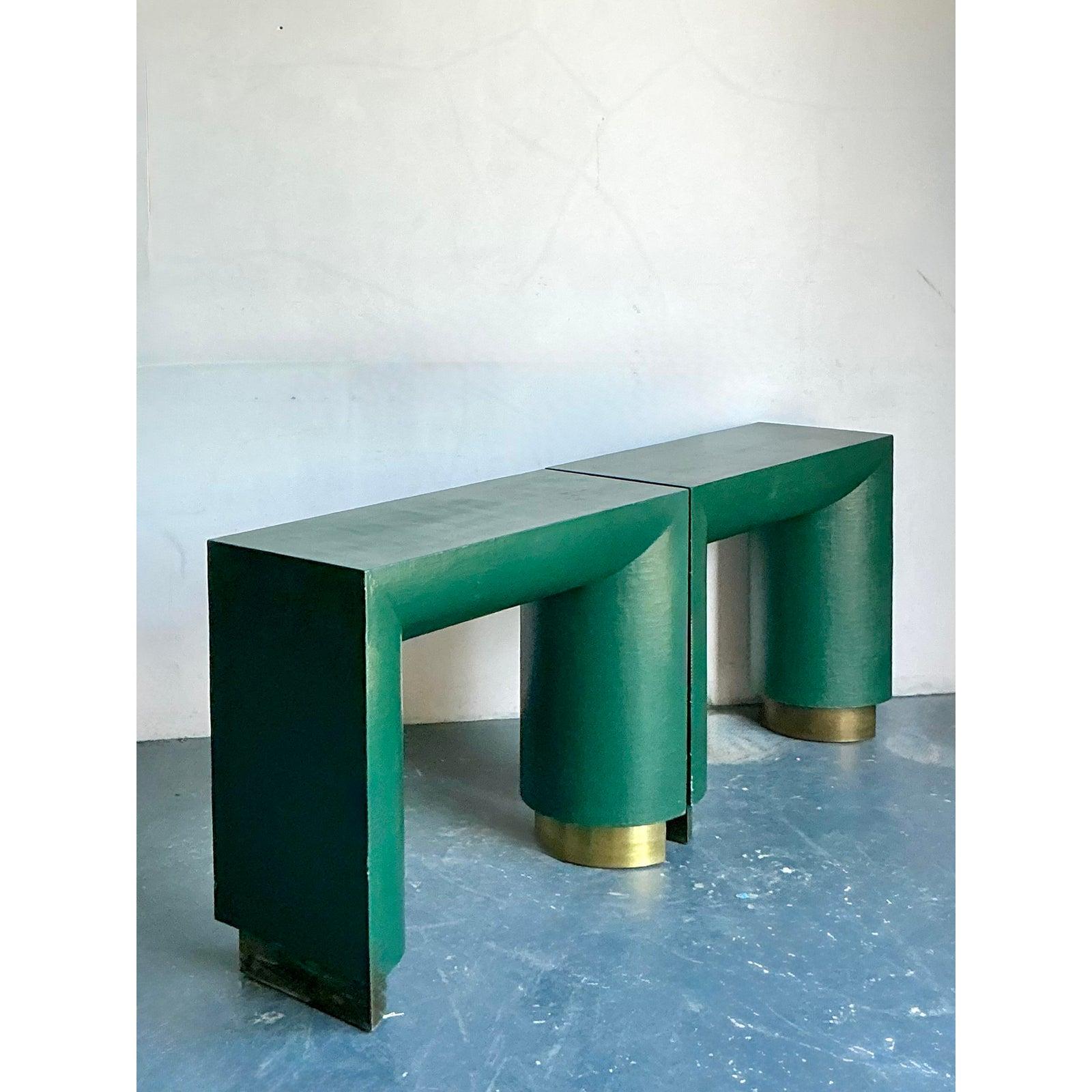 Vintage Boho Grasscloth Console and Mirror Sets - A Pair In Good Condition For Sale In West Palm Beach, FL