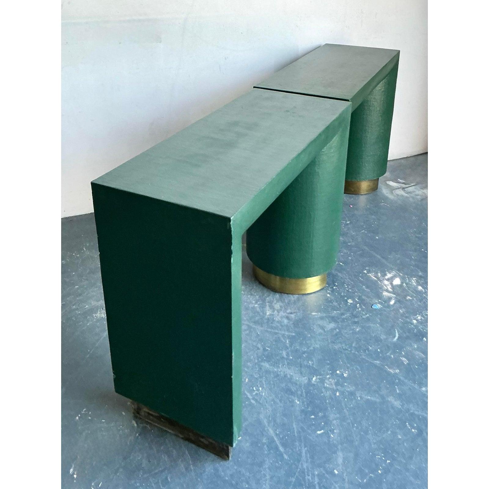 20th Century Vintage Boho Grasscloth Console and Mirror Sets - A Pair For Sale