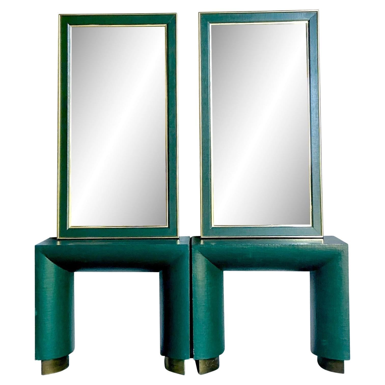 Vintage Boho Grasscloth Console and Mirror Sets - A Pair For Sale