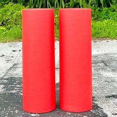 Vintage Boho Grasscloth Cylinder Pedestals - ein Paar