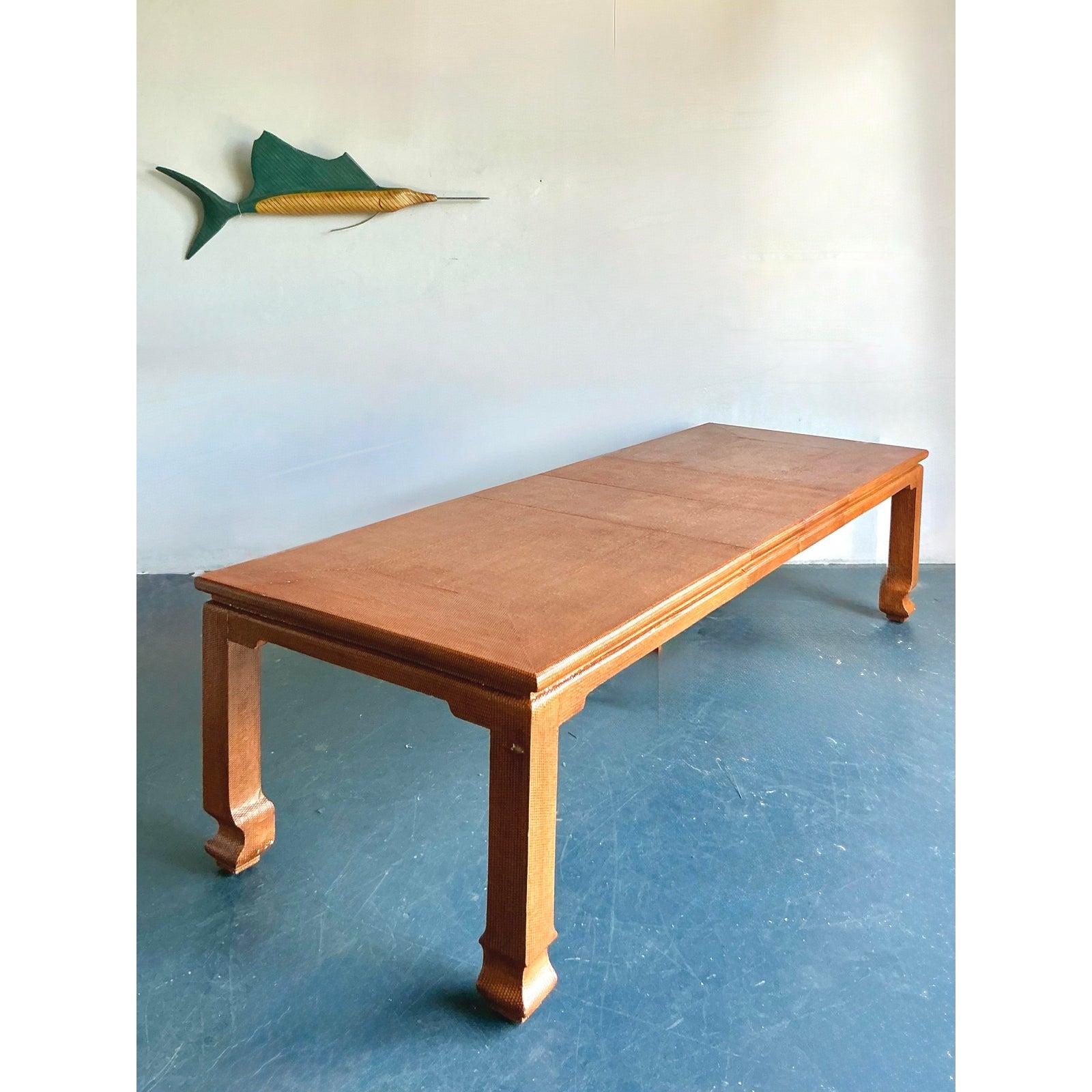 Vintage Boho Grasscloth Ming Extendable Dining Table For Sale 4