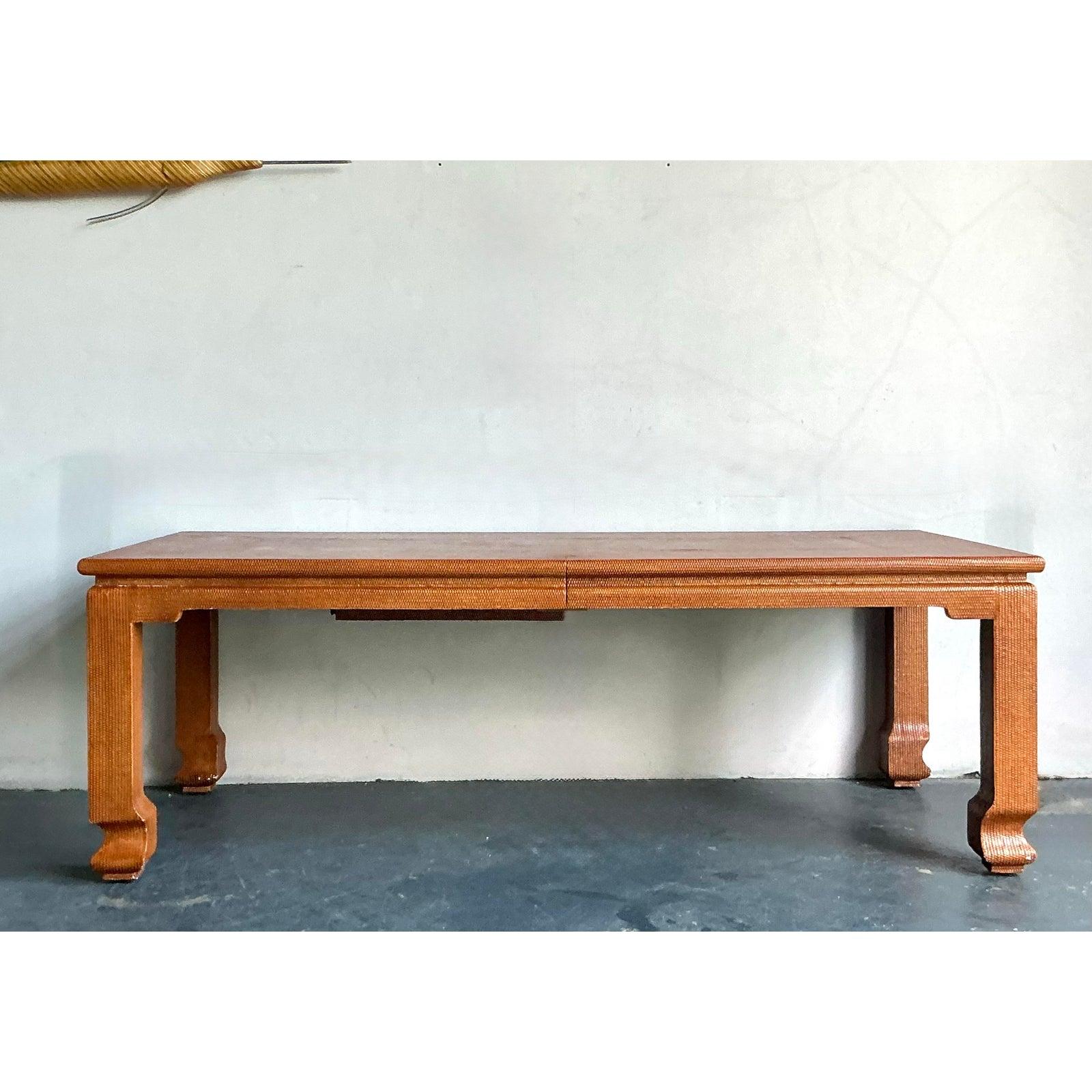 Vintage Boho Grasscloth Ming Extendable Dining Table For Sale 5
