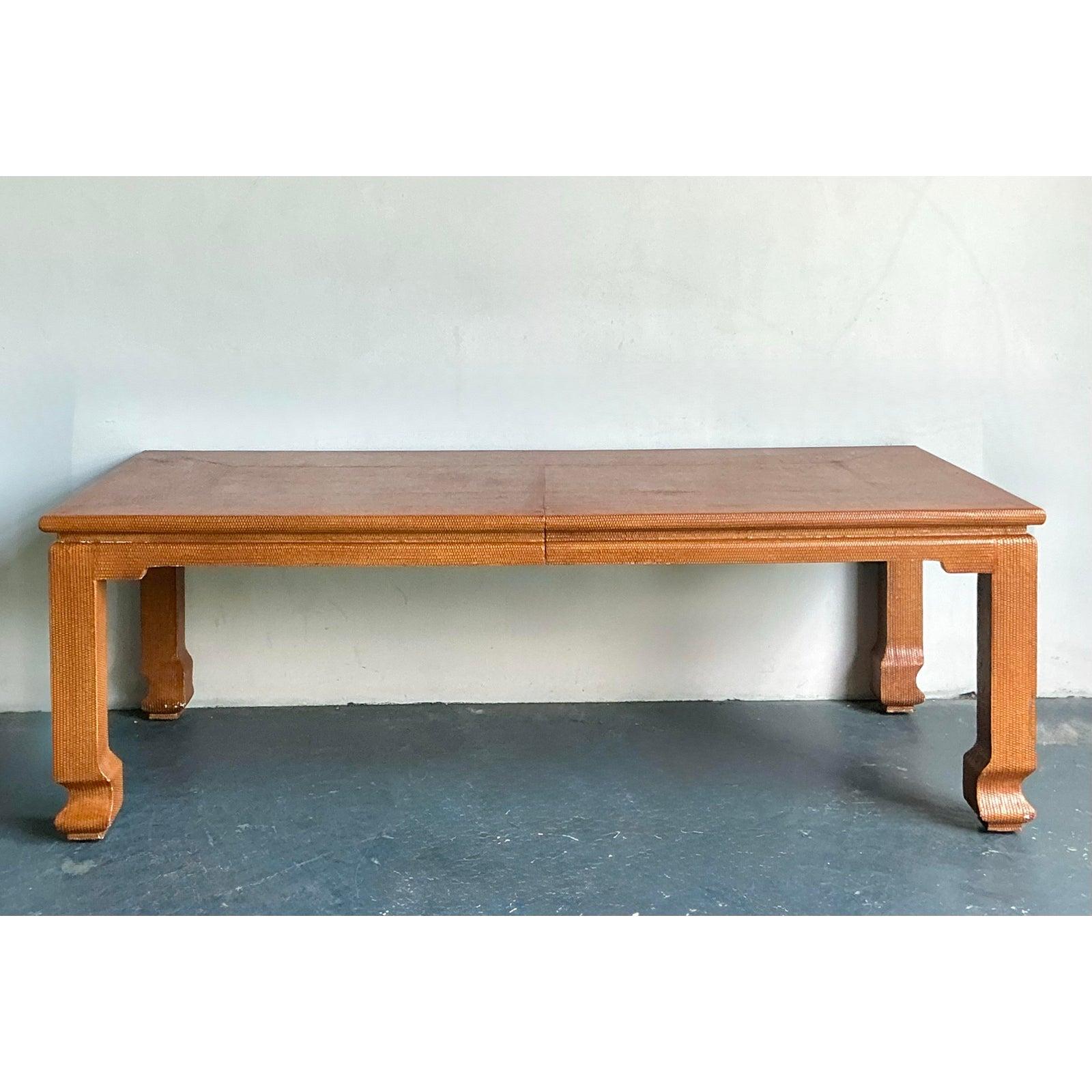 Rustic Vintage Boho Grasscloth Ming Extendable Dining Table For Sale