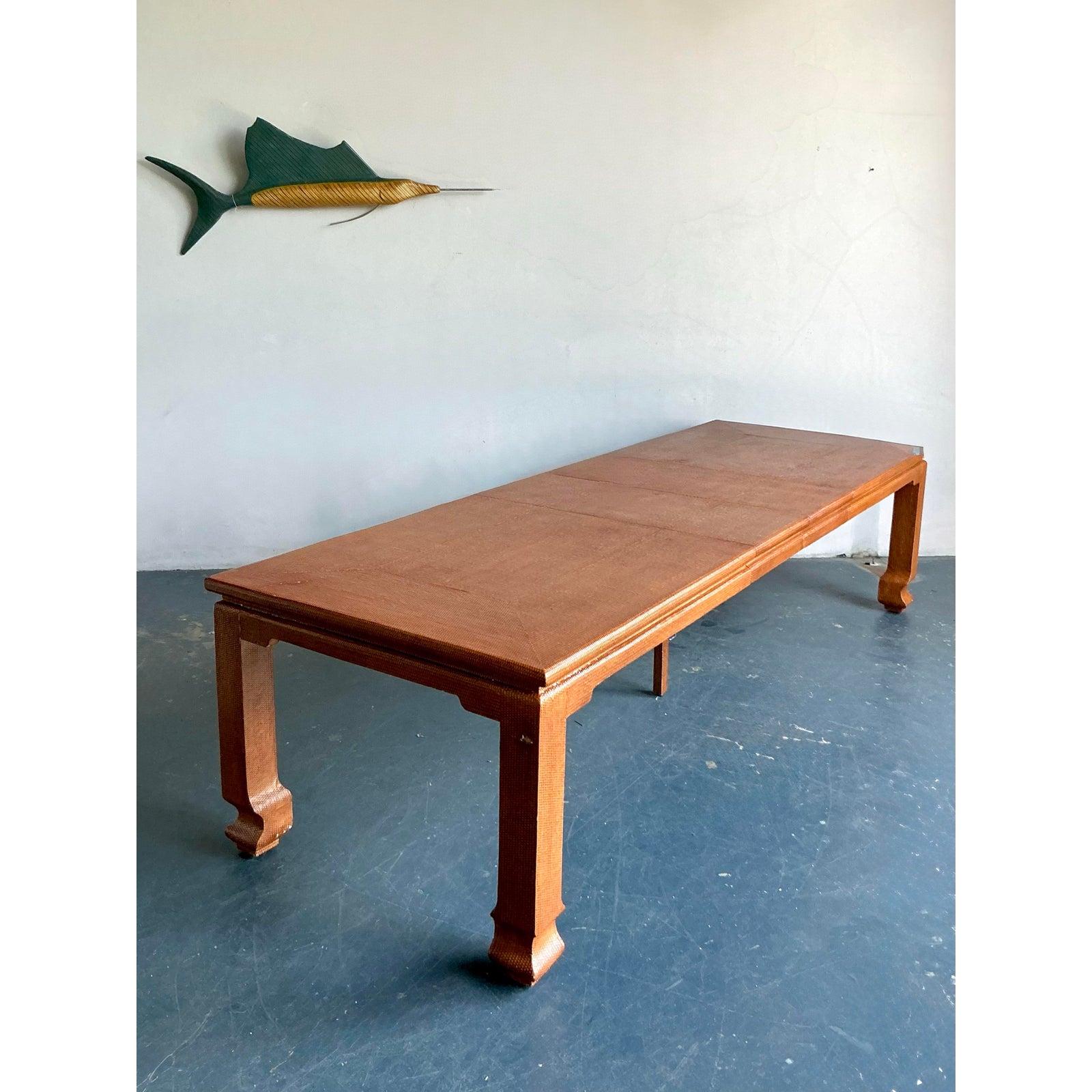 American Vintage Boho Grasscloth Ming Extendable Dining Table For Sale