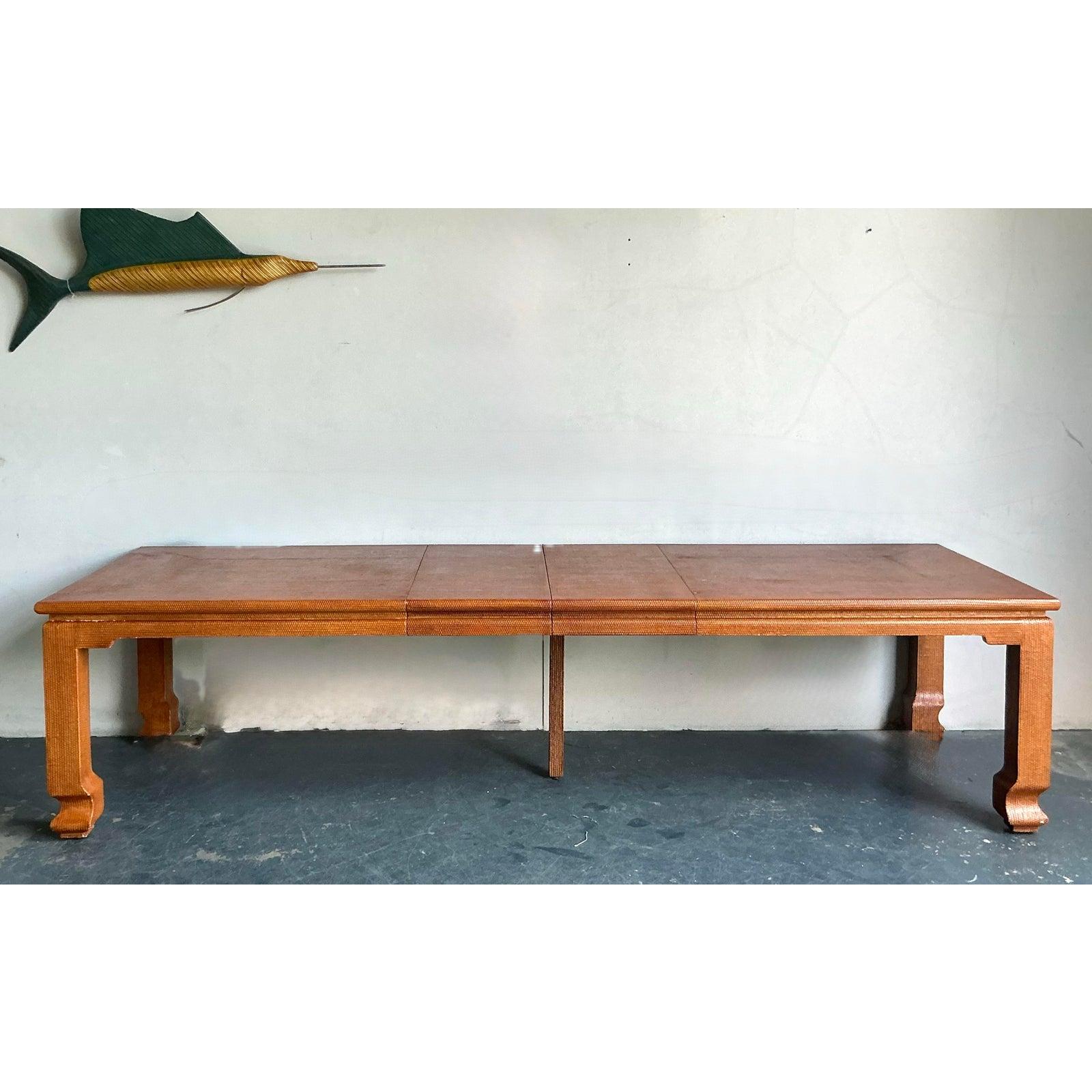 Vintage Boho Grasscloth Ming Extendable Dining Table In Good Condition For Sale In West Palm Beach, FL